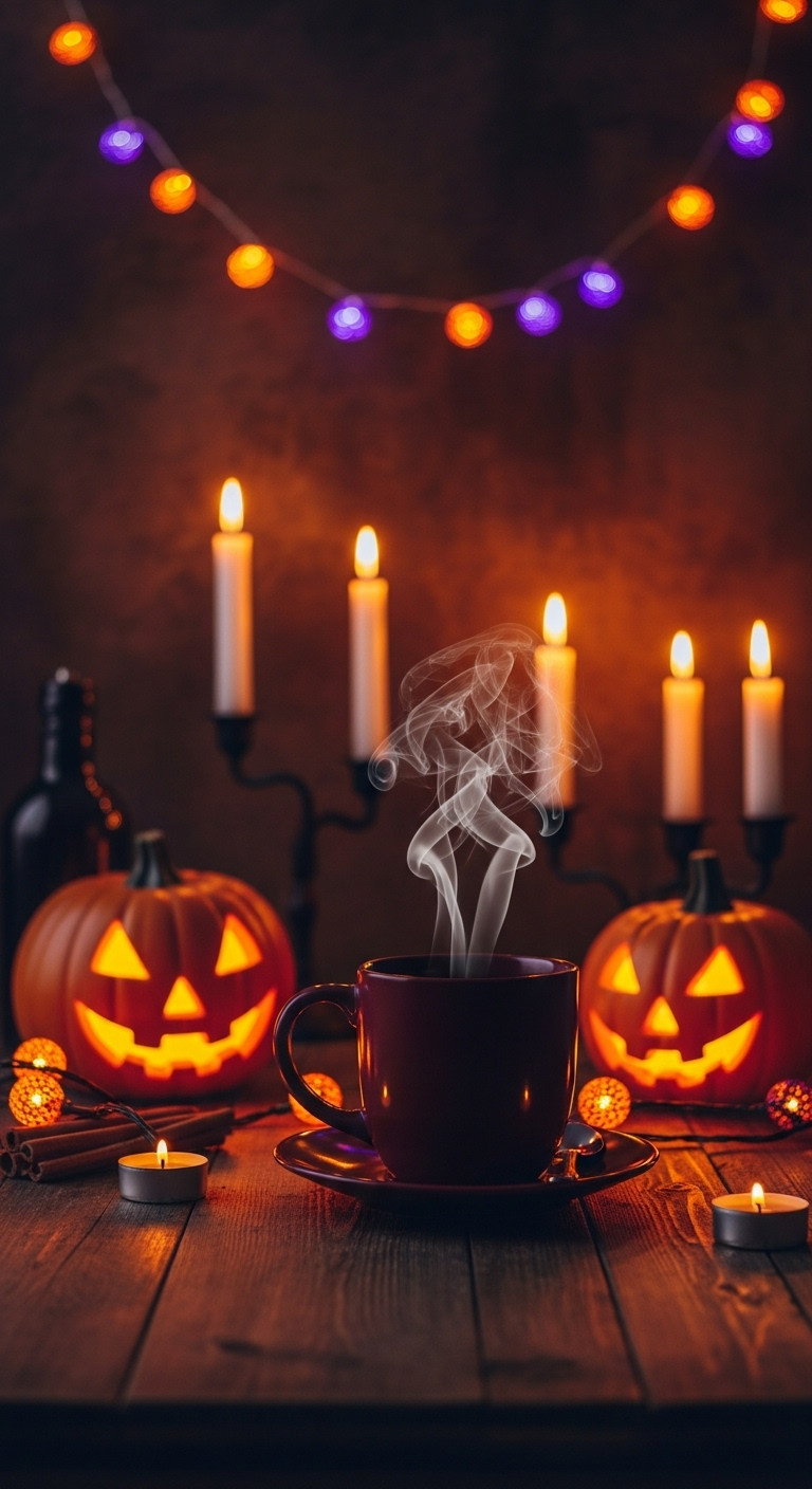 Dimly lit Halloween coffee bar with orange and purple string lights flickering candles jackolantern steam from coffee mug rustic wooden table