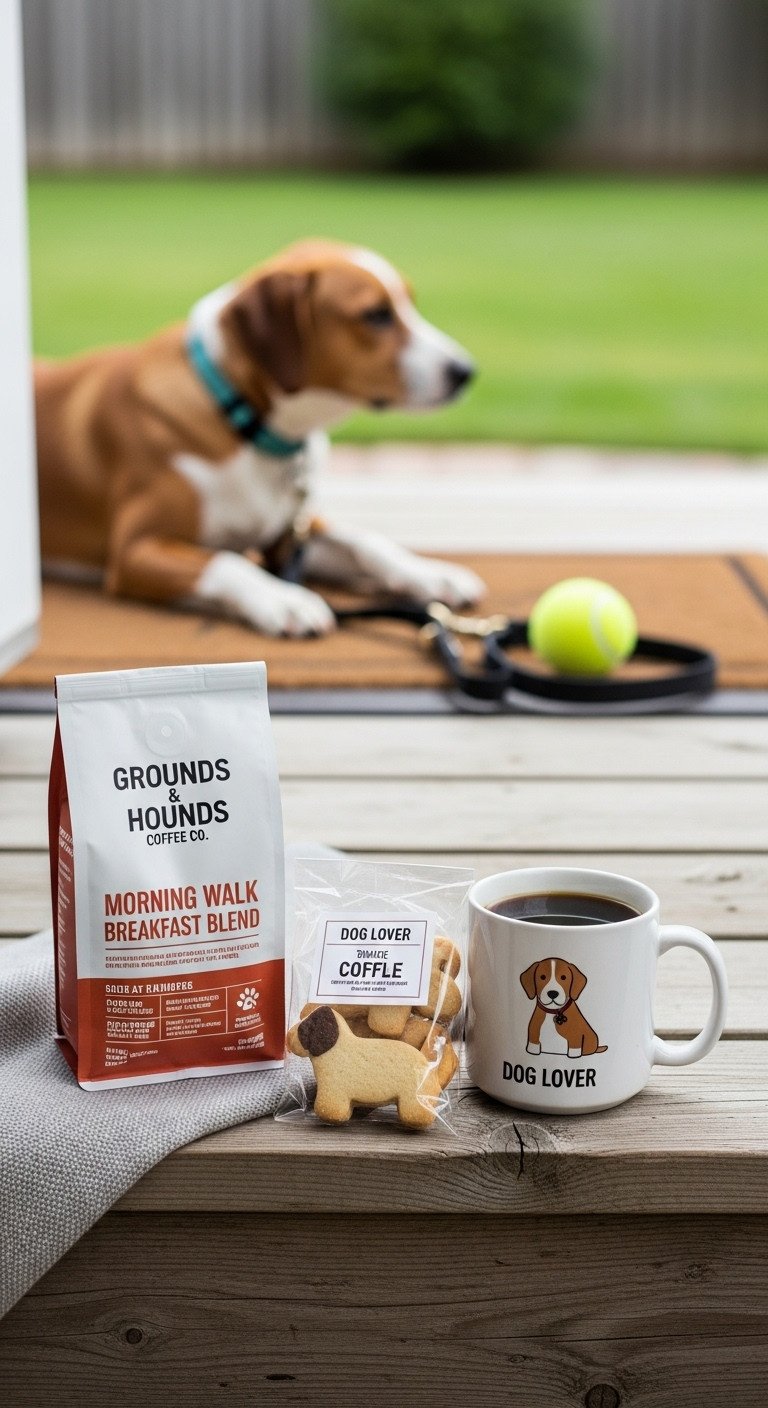Dog lover coffee gift basket for dad with Morning Walk coffee dog illustration mug and dog-shaped cookies on a porch step
