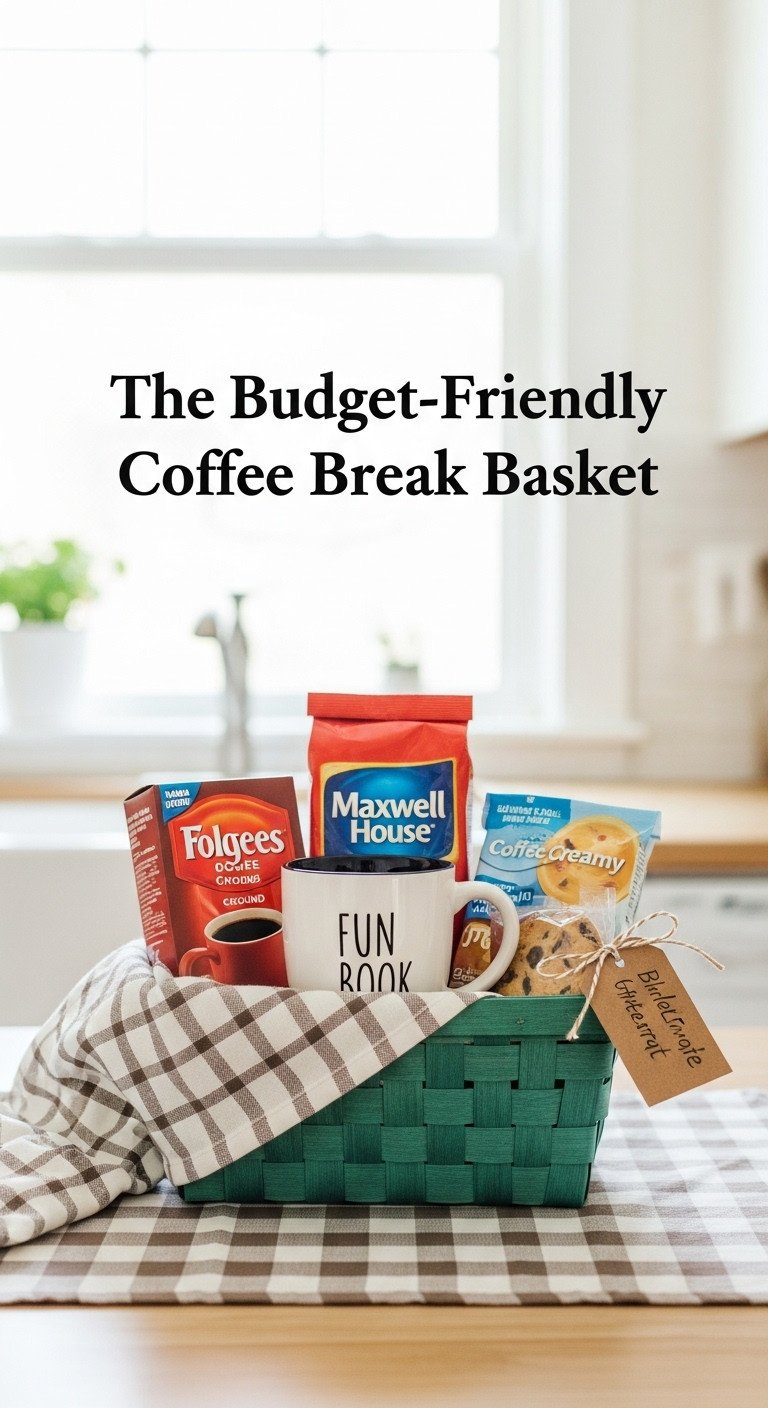 Dollar Tree basket with quote mug, ground coffee, creamers, and cookies on a checkered kitchen table with sunny window