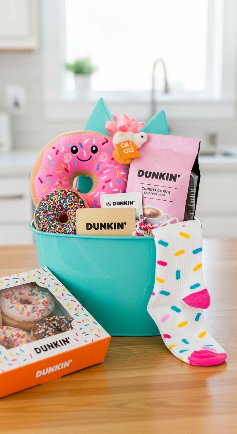 Donut lovers delight Dunkin gift basket with gift card donut plush sprinkle socks coffee and real donuts