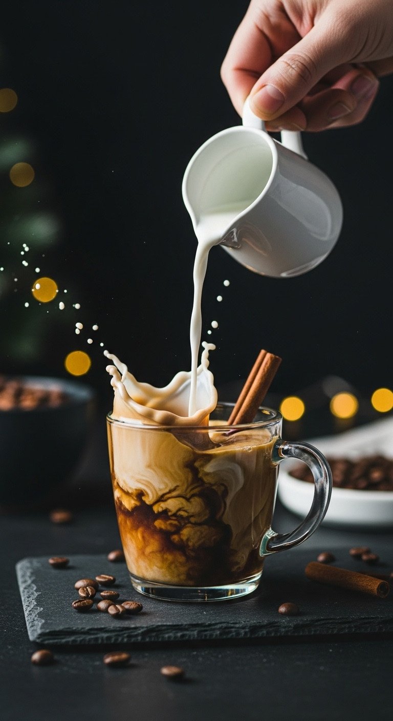 Dramatic action shot of milk pouring into a glass mug of Christmas coffee with blurred festive lights scattered coffee beans and cinnamon stick