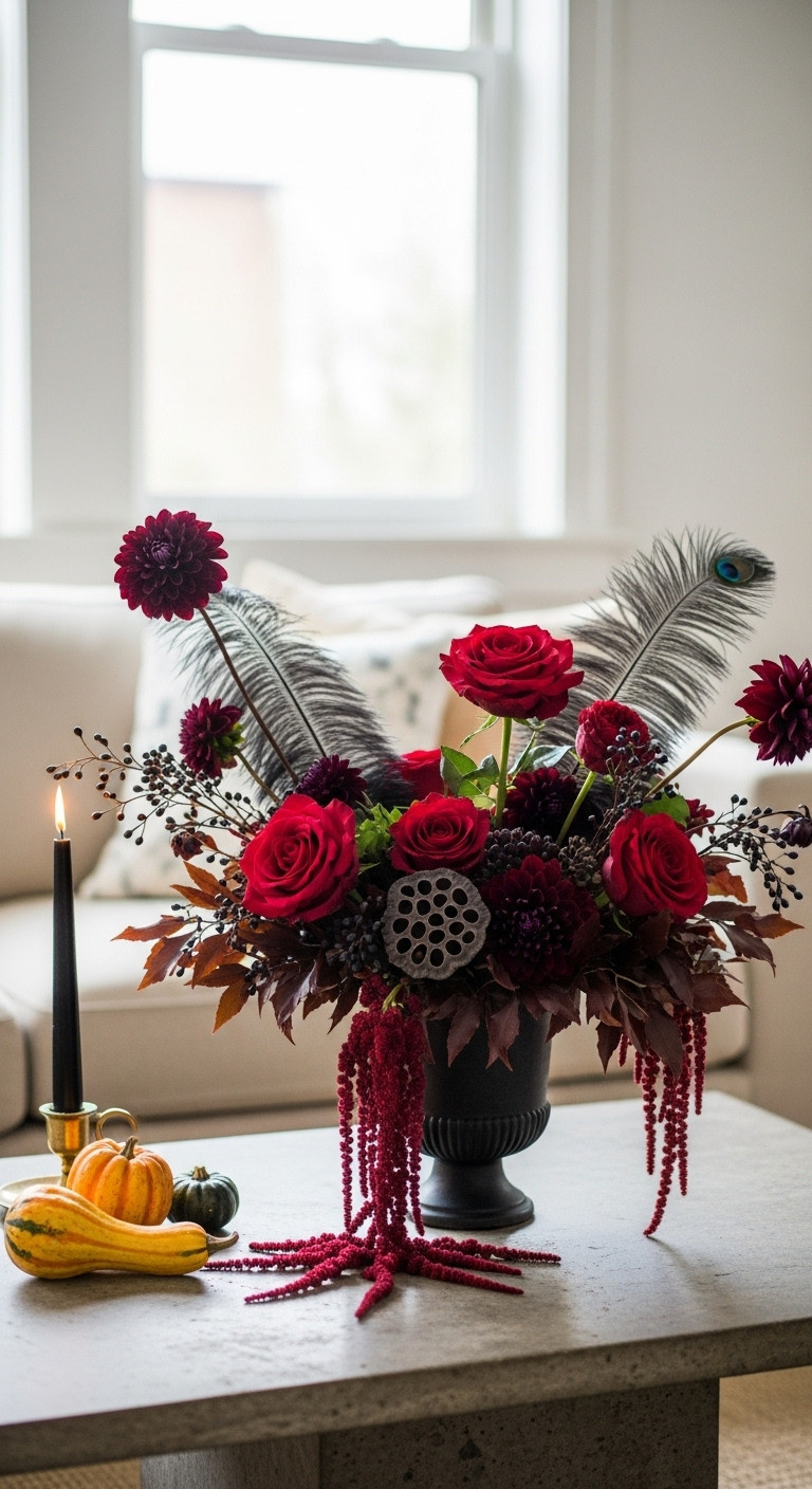 Dramatic autumnal and gothic floral arrangement with crimson roses, black dahlias, and feathers for a spooky chic Halloween centerpiece