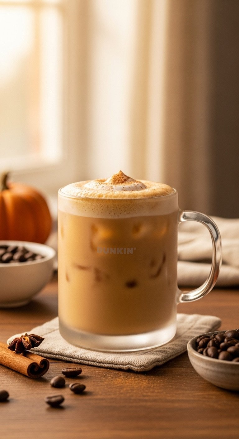 Master Your Dunkin Pumpkin Iced Coffee Custom Orders 5 Dunkin' Pumpkin Iced Coffee with oat milk, rich creamy texture, cinnamon dusting in a frosted mug on rustic wood.