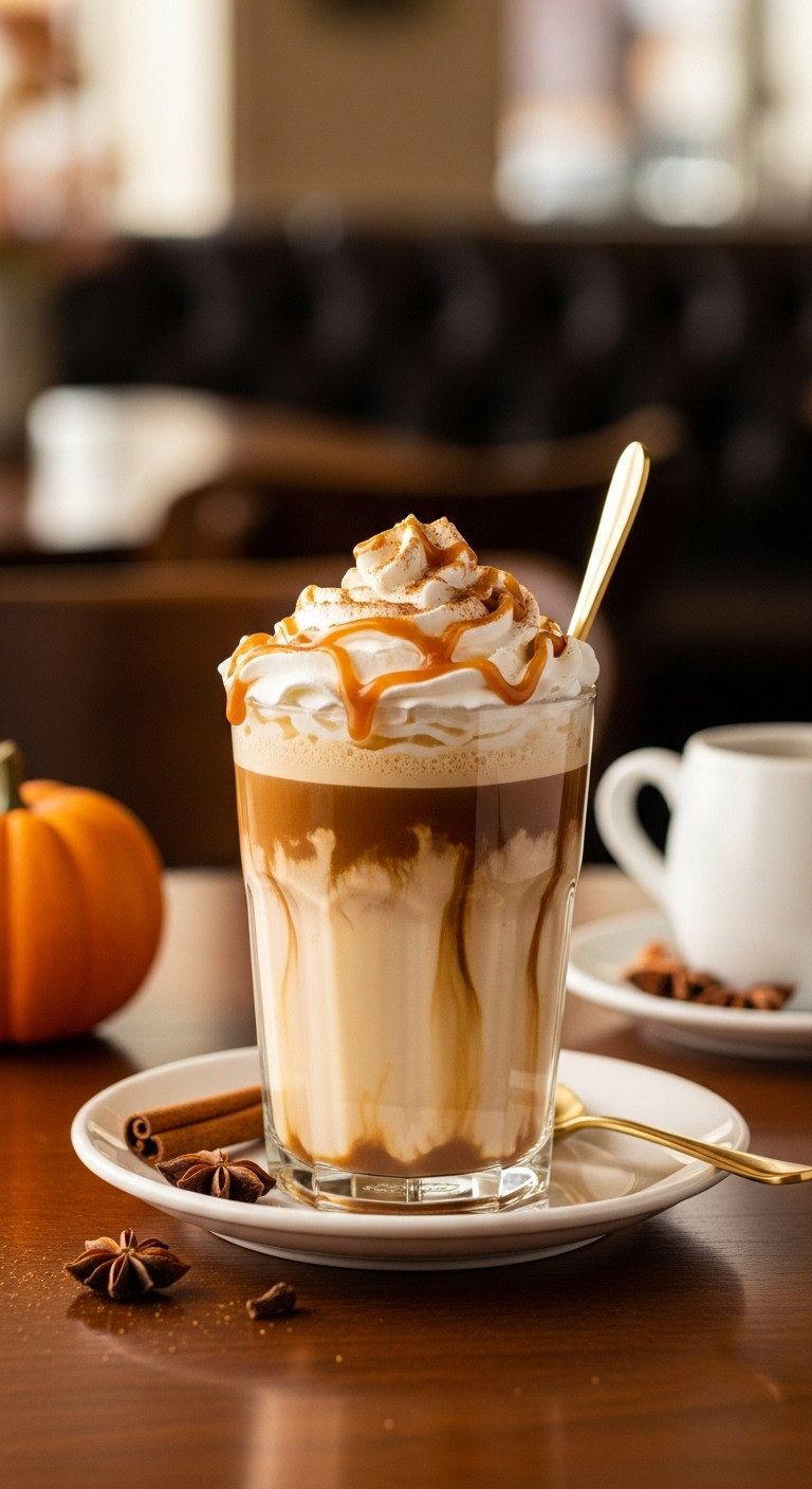 Master Your Dunkin Pumpkin Iced Coffee Custom Orders 9 Dunkin' Pumpkin Spice Signature Latte, whipped cream, caramel drizzle, cinnamon, elegant dark wood table, golden hour.