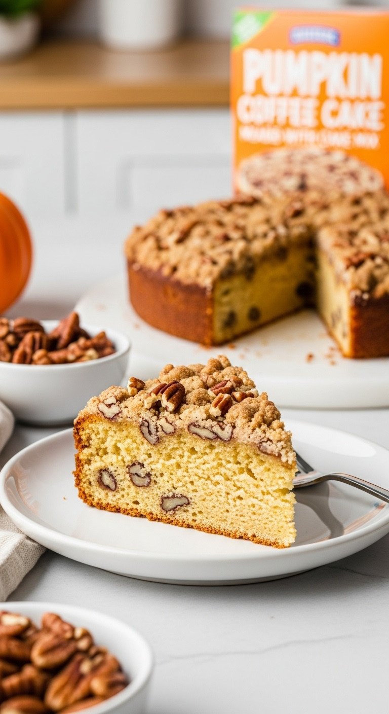 Easy Pumpkin Streusel Coffee Cake slice made with cake mix on white plate with pecans and boxed mix