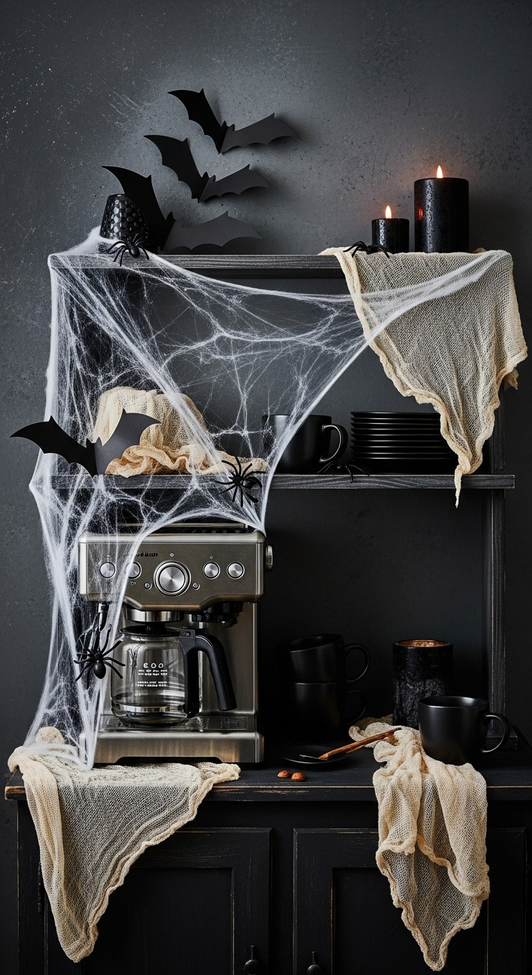 Eerie Bat Cobweb Cantina vintage Halloween coffee bar with fake cobwebs paper bats plastic spiders and black mugs on dark wood