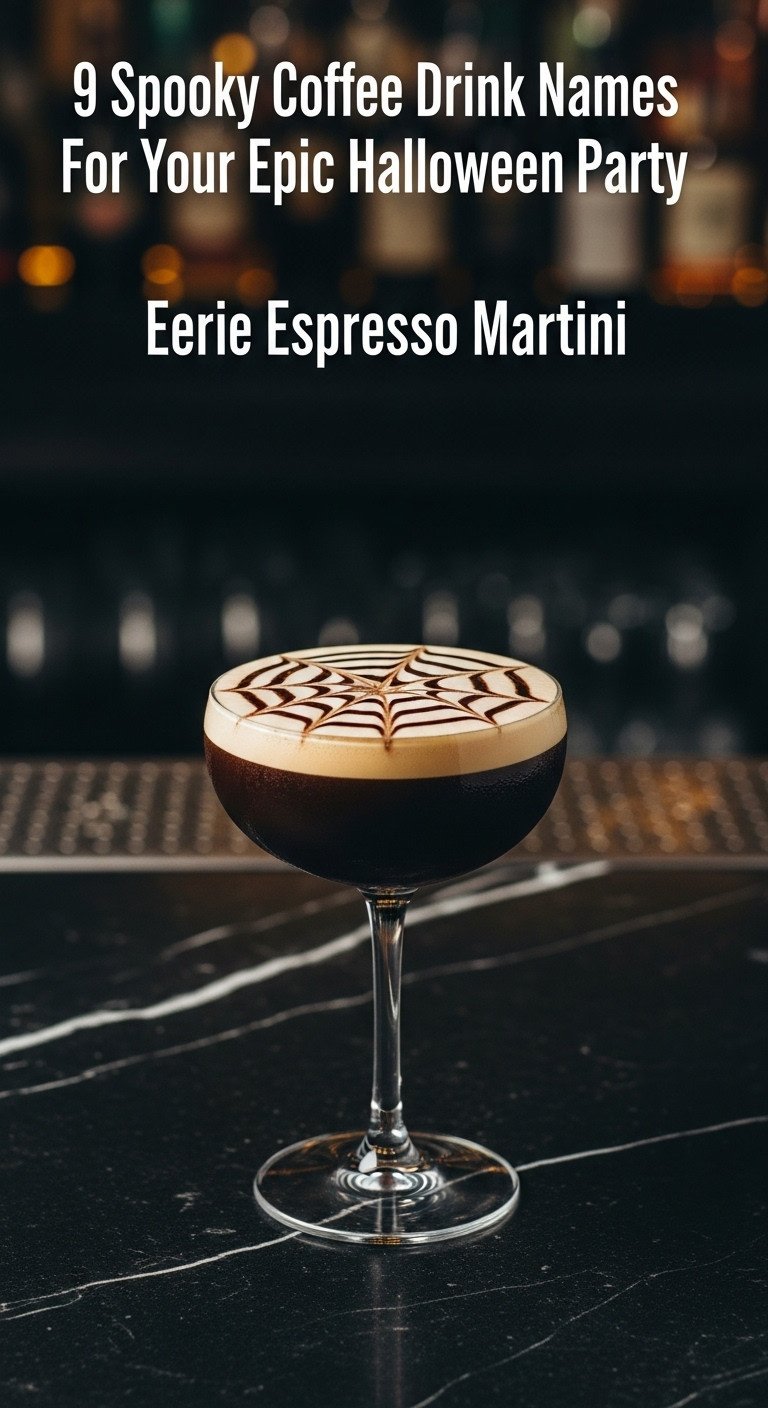 Eerie Espresso Martini in coupe glass with chocolate spiderweb foam on black marble with blurred bar background and coffee beans