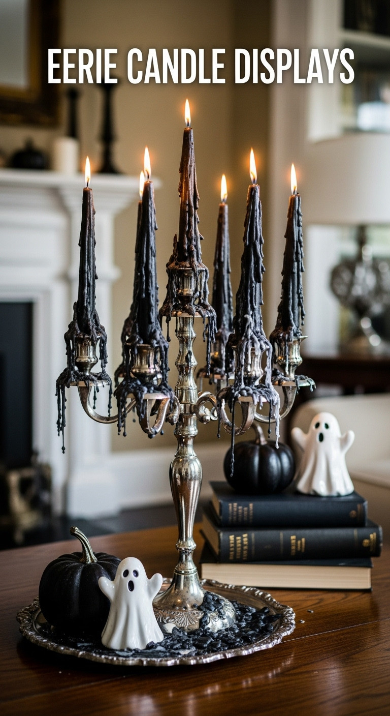 Eerie black dripping taper candles in a vintage silver candelabra with black pumpkins and a ghost for Halloween coffee table decor