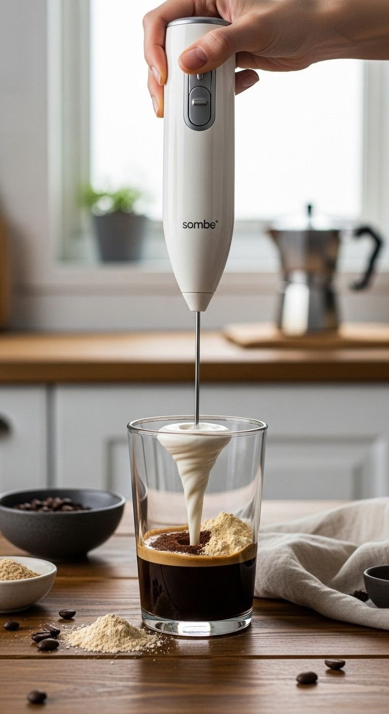 The Secret To Smooth Iced Protein Coffee That Never Clumps 3 Electric frother mixing dark coffee & protein powder into a creamy paste in a glass. Slurry method for clump-free drink.