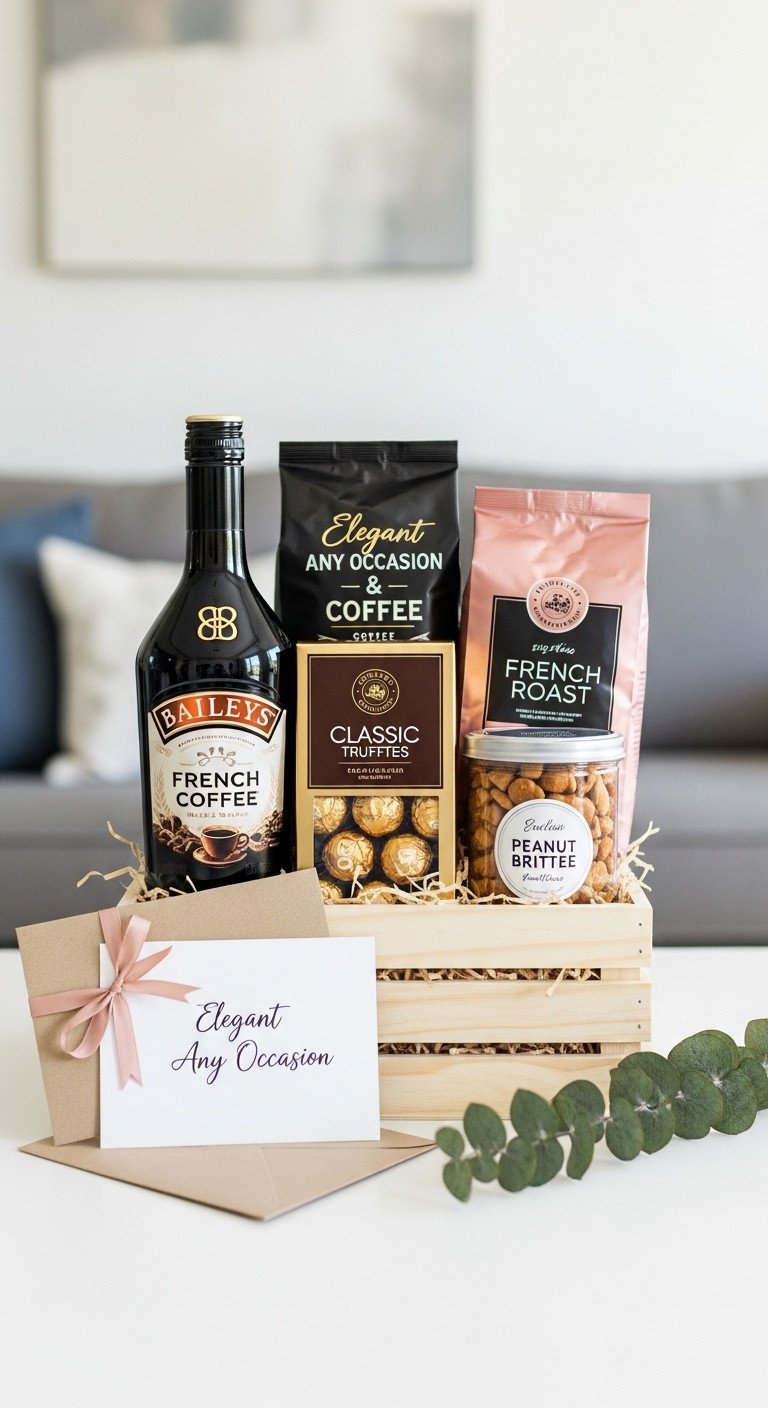 Elegant Any Occasion Baileys and Coffee Crate with French Roast chocolate truffles peanut brittle card eucalyptus in a wood crate