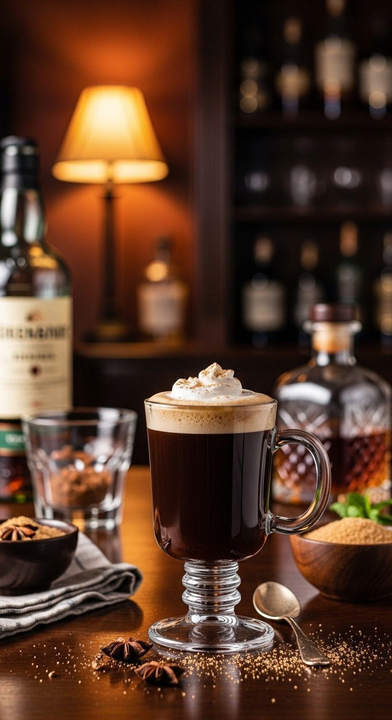 Elegant Classic Irish Coffee with whipped cream in a footed glass on a dark wood bar top with blurred bottles