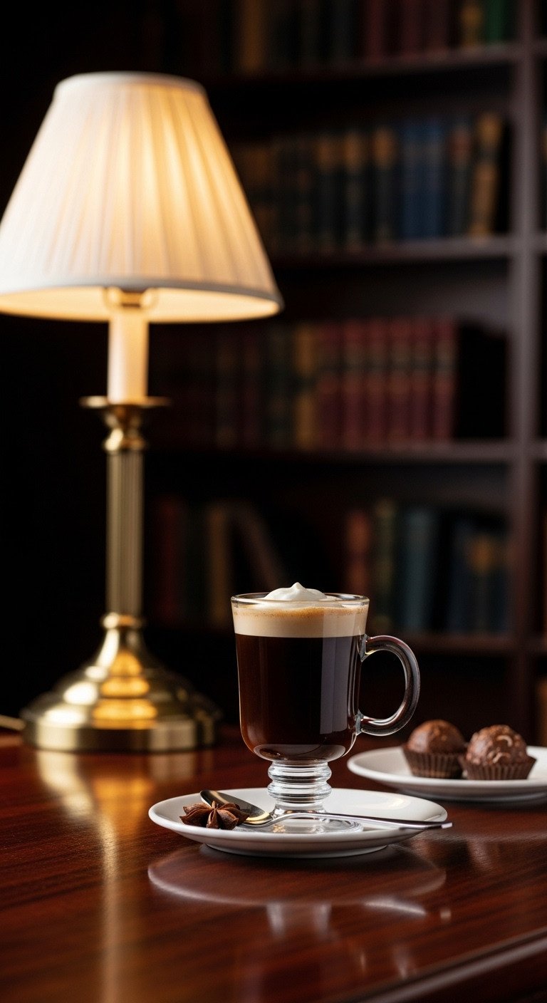 Elegant Irish Cream Coffee in a classic glass mug with thick cream on a polished mahogany table in a blurred library