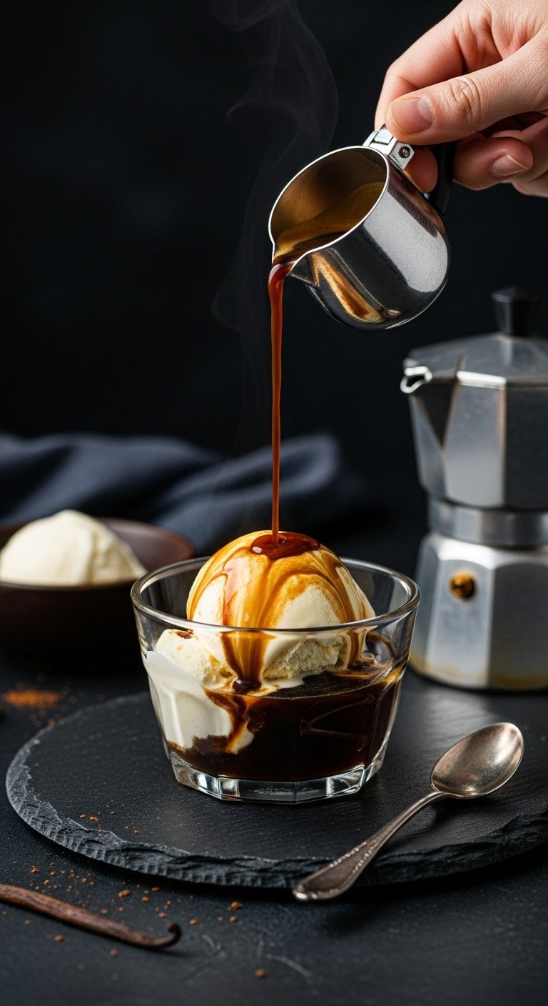 Make Rich And Creamy Cold Coffee With Ice Cream At Home 9 Elegant Italian affogato: espresso pouring over vanilla gelato in glass bowl, spoon, moka pot on dark slate. Dessert recipe.