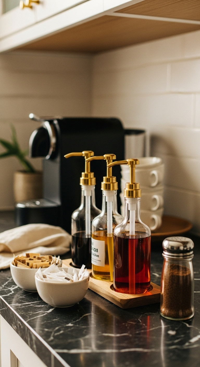 Elegant Nespresso coffee bar syrup station with three glass dispensers gold pumps sugar packets and cinnamon shaker on dark marble