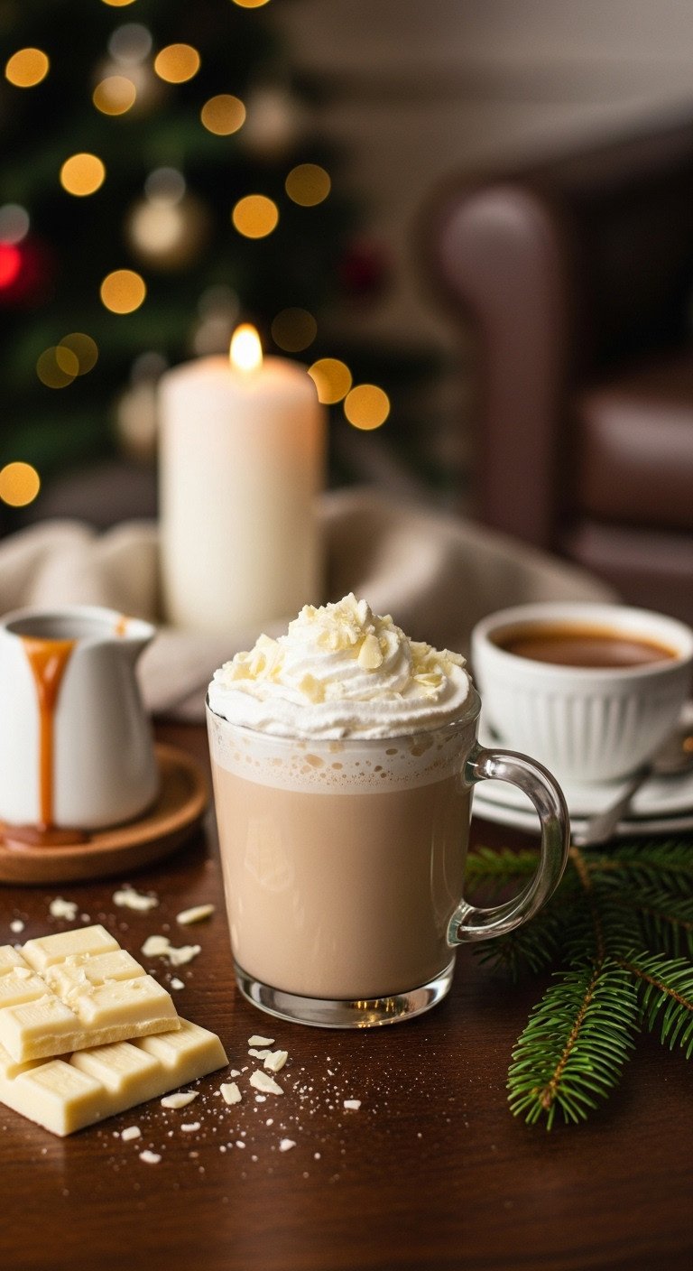 Elegant Toasted White Mocha in a glass mug with whipped cream and white chocolate shavings on a dark coffee table by a Christmas tree