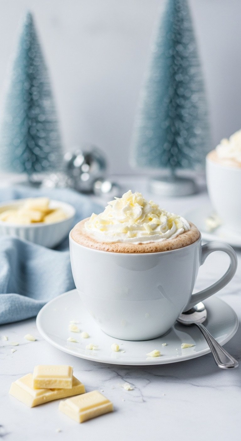 Elegant Toasted White Mocha with whipped cream and white chocolate shavings on white marble with minimalist Christmas decor