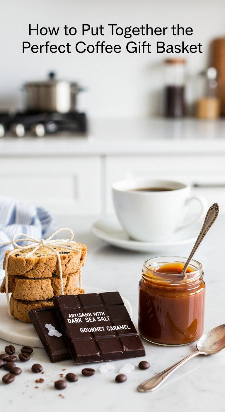 Elegant arrangement of Italian biscotti, artisanal dark chocolate, and gourmet caramel sauce on a marble countertop with coffee beans and spoon