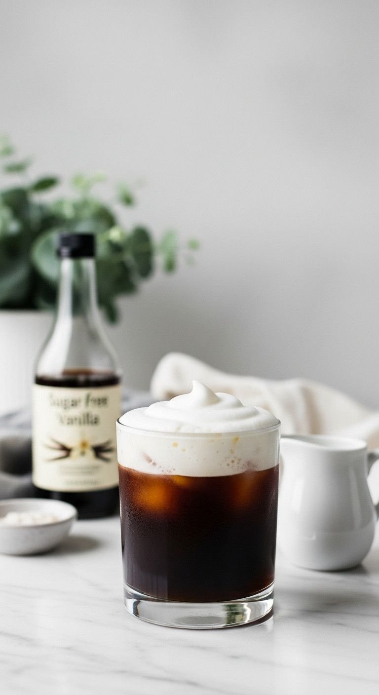 7 Easy Cold Foam Recipes With Or Without A Frother 13 Elegant black iced coffee with thick pure white sugar-free cold foam on white marble, minimalist wellness lifestyle.
