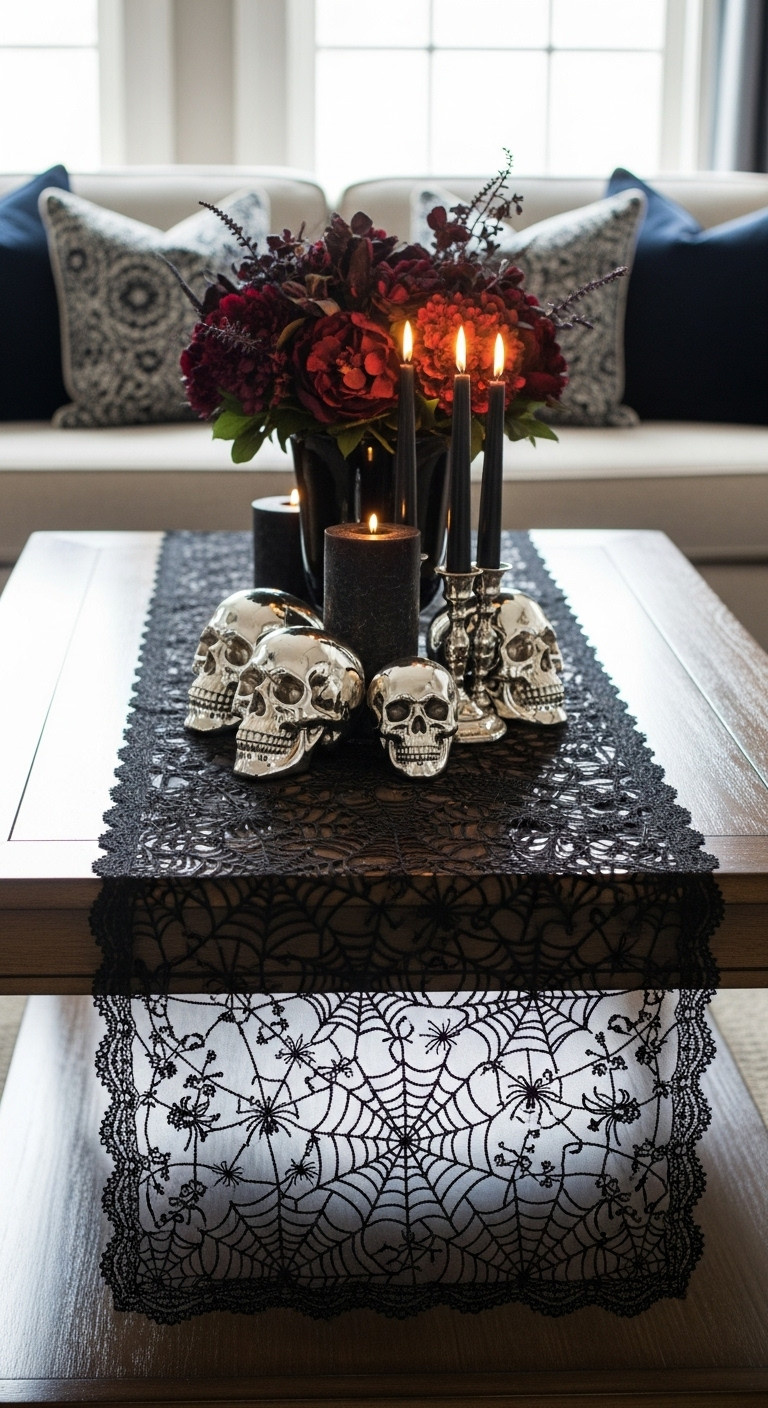 Elegant black lace spiderweb table runner with silver skulls dark florals and black candles for a gothic Halloween centerpiece