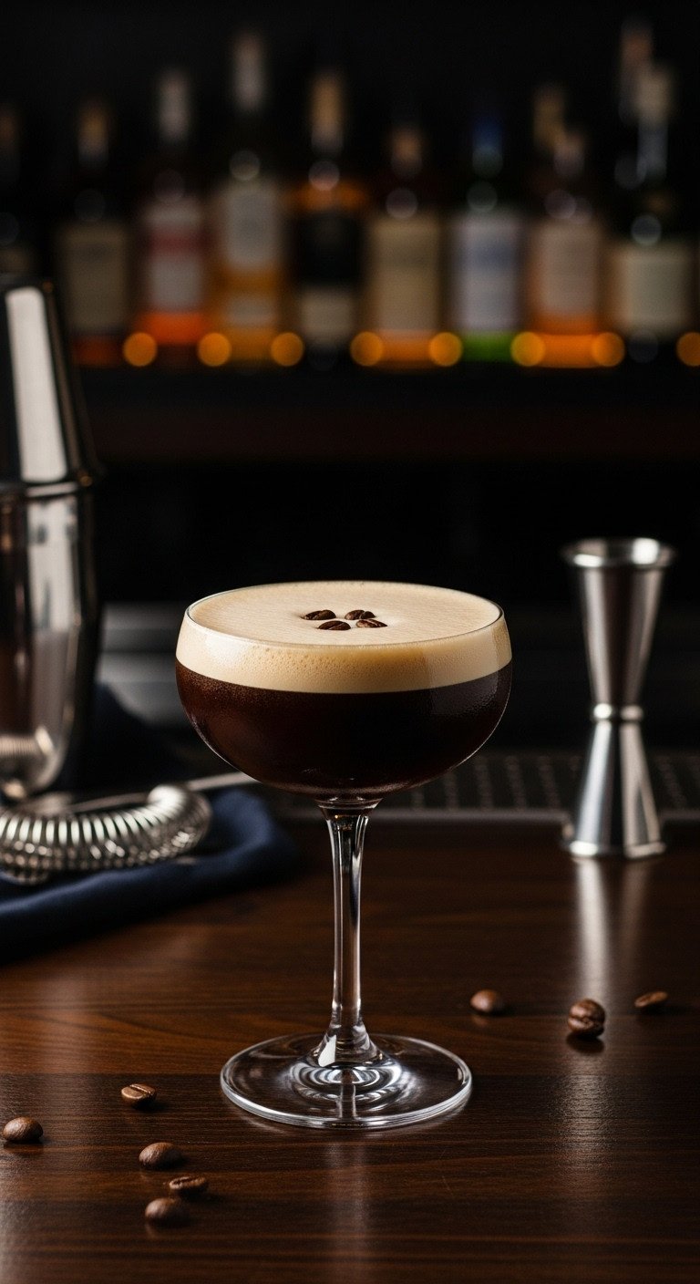 11 Brilliant Recipes For Leftover Coffee You Havent Tried 18 Elegant coffee cocktail in a coupe glass with creamy foam and coffee bean garnish on a dark wood bar.