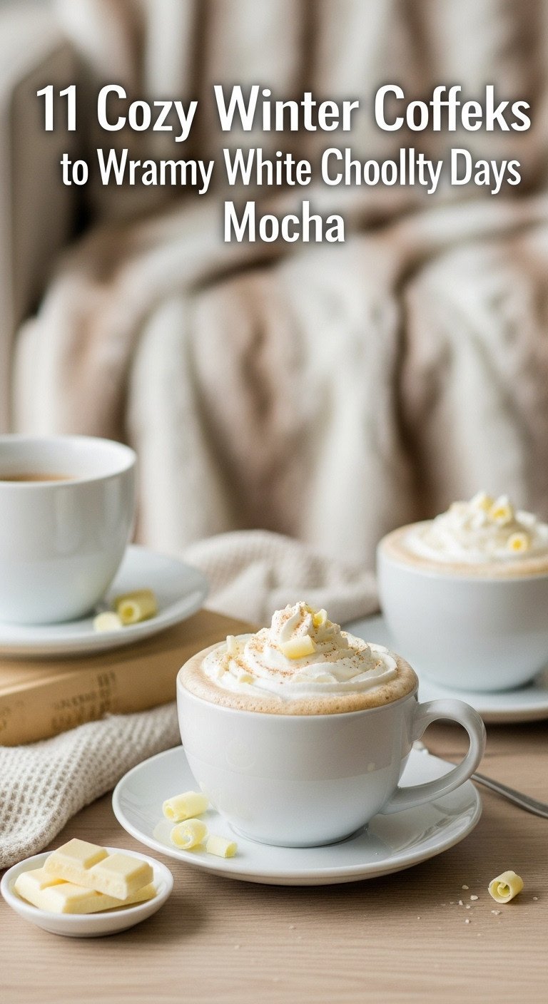 Elegant creamy white chocolate mocha with whipped cream and white chocolate curls in a ceramic cup