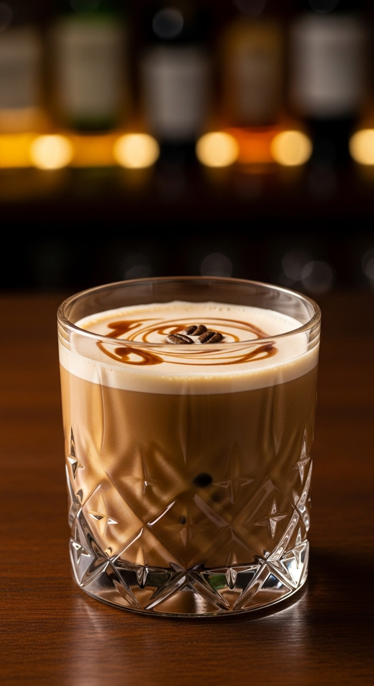 Elegant crystal lowball glass with creamy spiked coffee punch Kahlúa swirl and three coffee bean garnish on dark wood bar