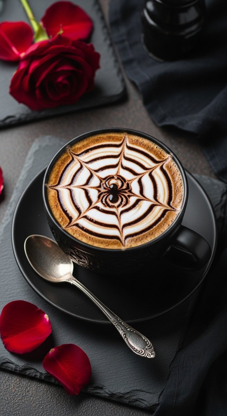 Elegant dark coffee with chocolate spiderweb latte art in a matte black gothic mug on dark slate with a red rose petal