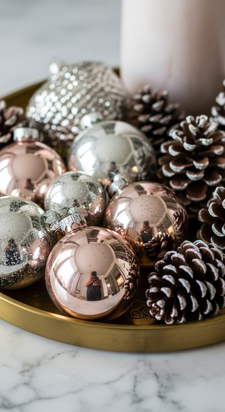 Elegant empty antique brass tray Christmas coffee table styling bokeh background Pinterest vertical photograph