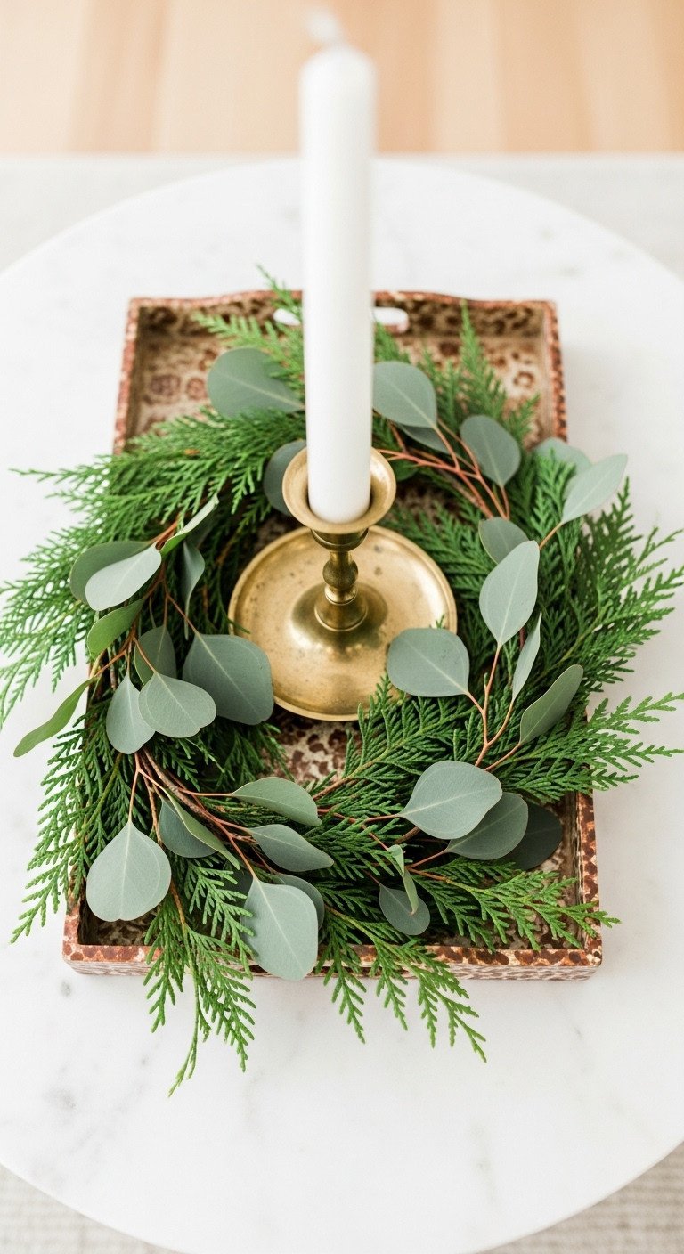 Elegant empty antique brass tray Christmas coffee table styling bokeh background Pinterest vertical photograph