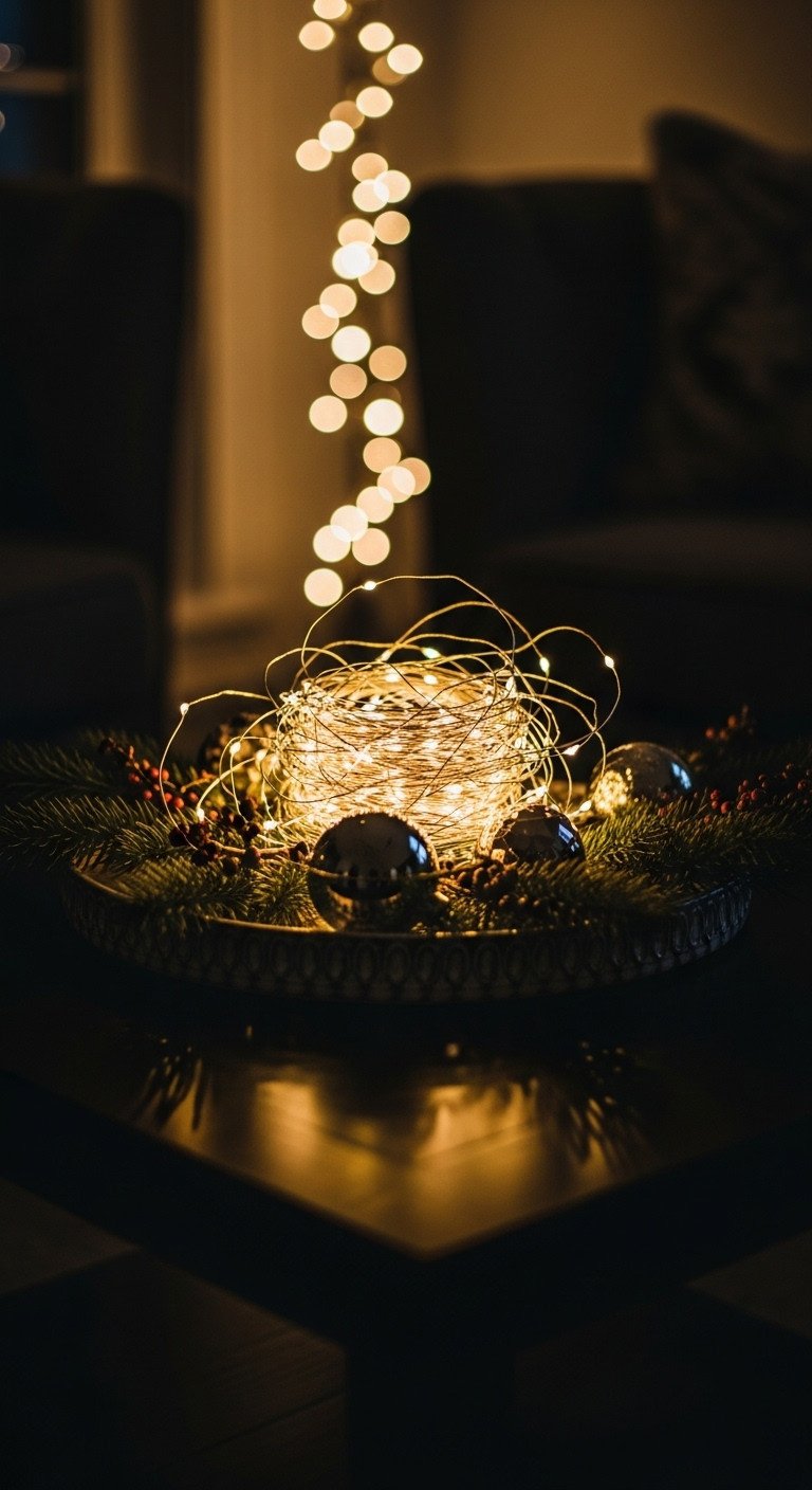 Elegant empty antique brass tray Christmas coffee table styling bokeh background Pinterest vertical photograph