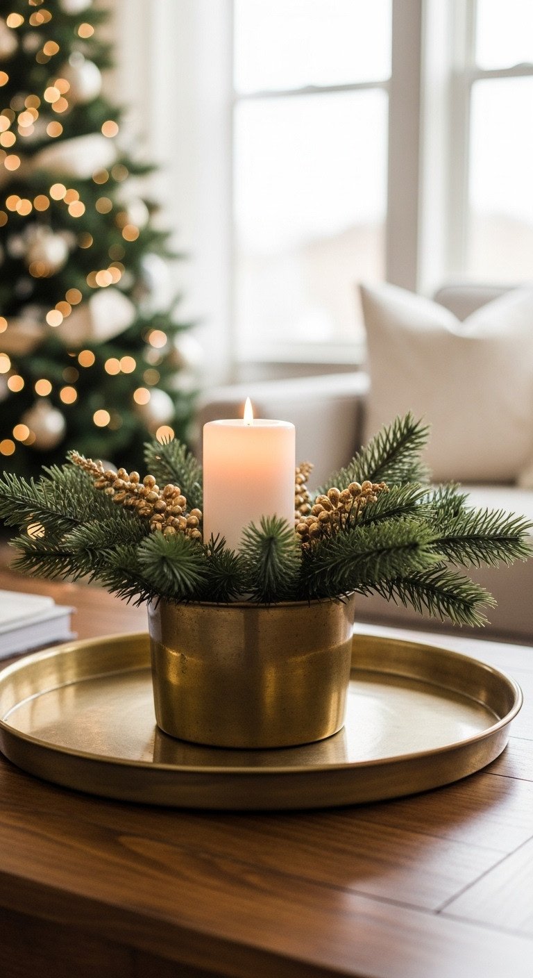 Elegant empty antique brass tray Christmas coffee table styling bokeh background Pinterest vertical photograph