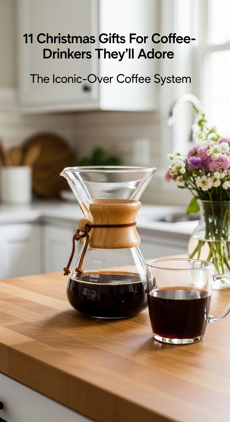 Elegant glass Chemex coffee maker with a wooden collar and freshly brewed coffee on a butcher block countertop in morning light