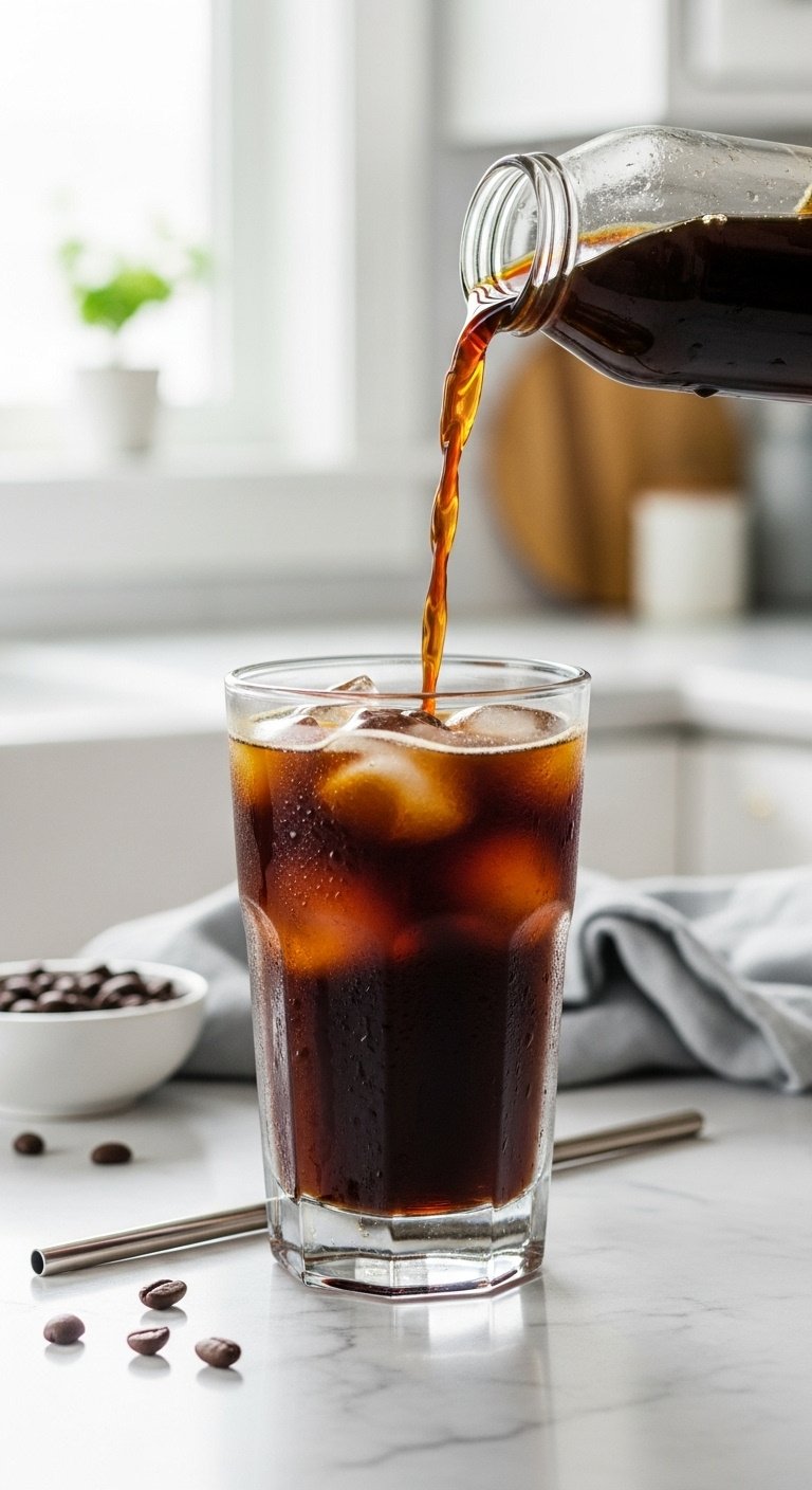 Perfect Cold Brew At Home With 7 Iced Coffee Recipes 2 Elegant glass of classic black iced coffee with ice and condensation on a marble counter, coffee beans, metal straw, blurred kitchen.