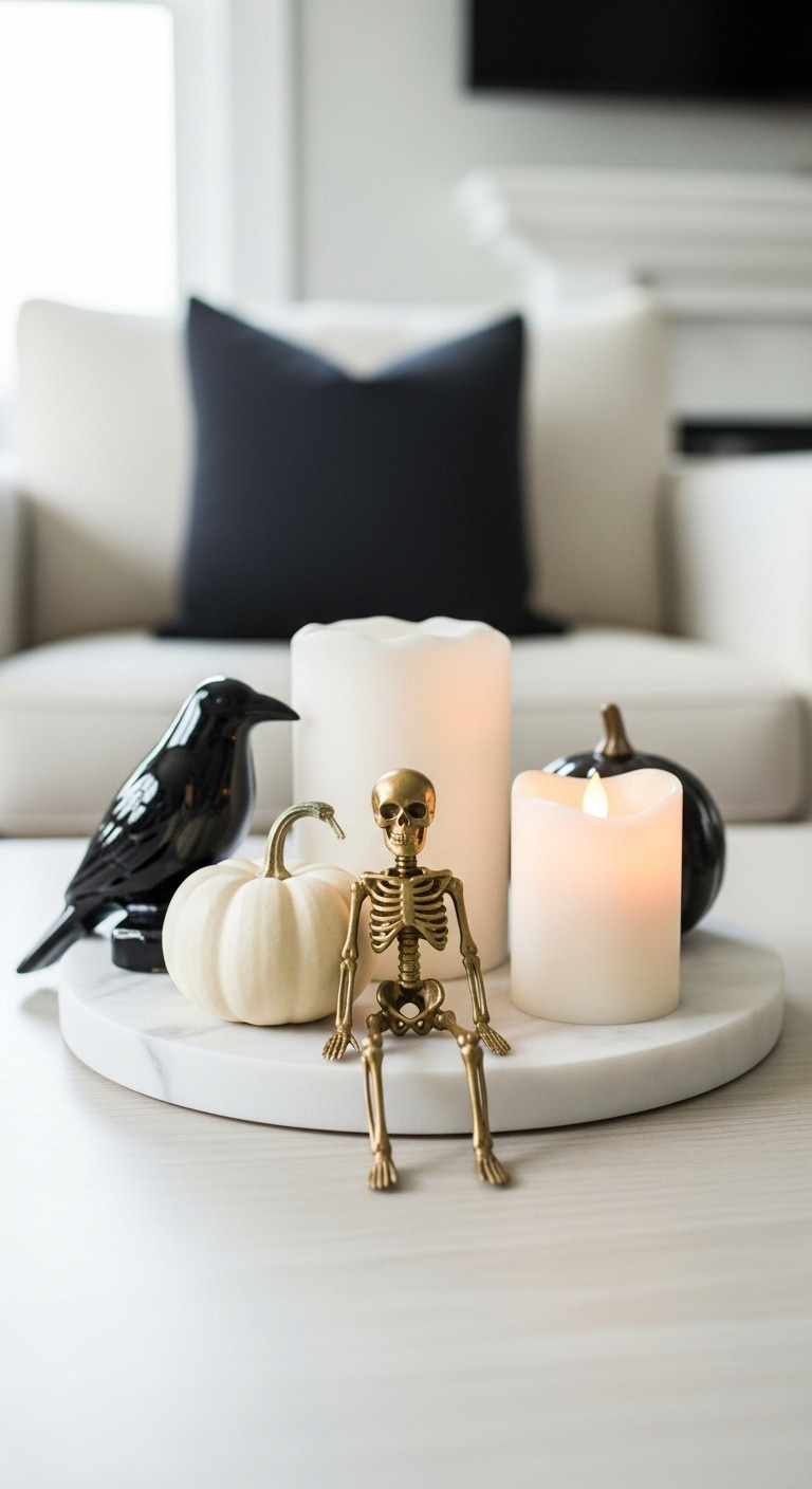 Elegant golden skeleton figurine on a marble tray with a white pumpkin and raven for a spooky chic Halloween centerpiece