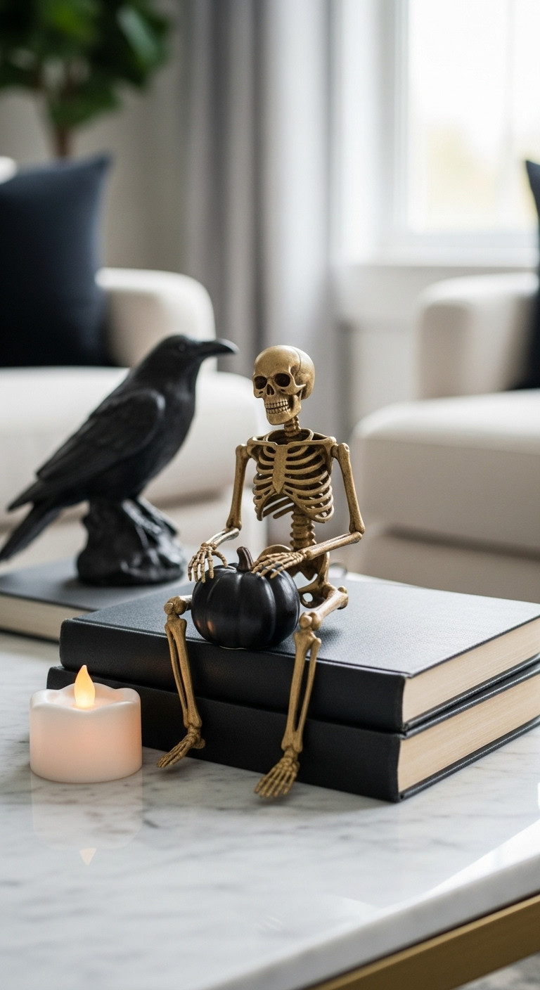 Elegant golden skeleton figurine on vintage books with a black pumpkin and raven for Halloween coffee table decor
