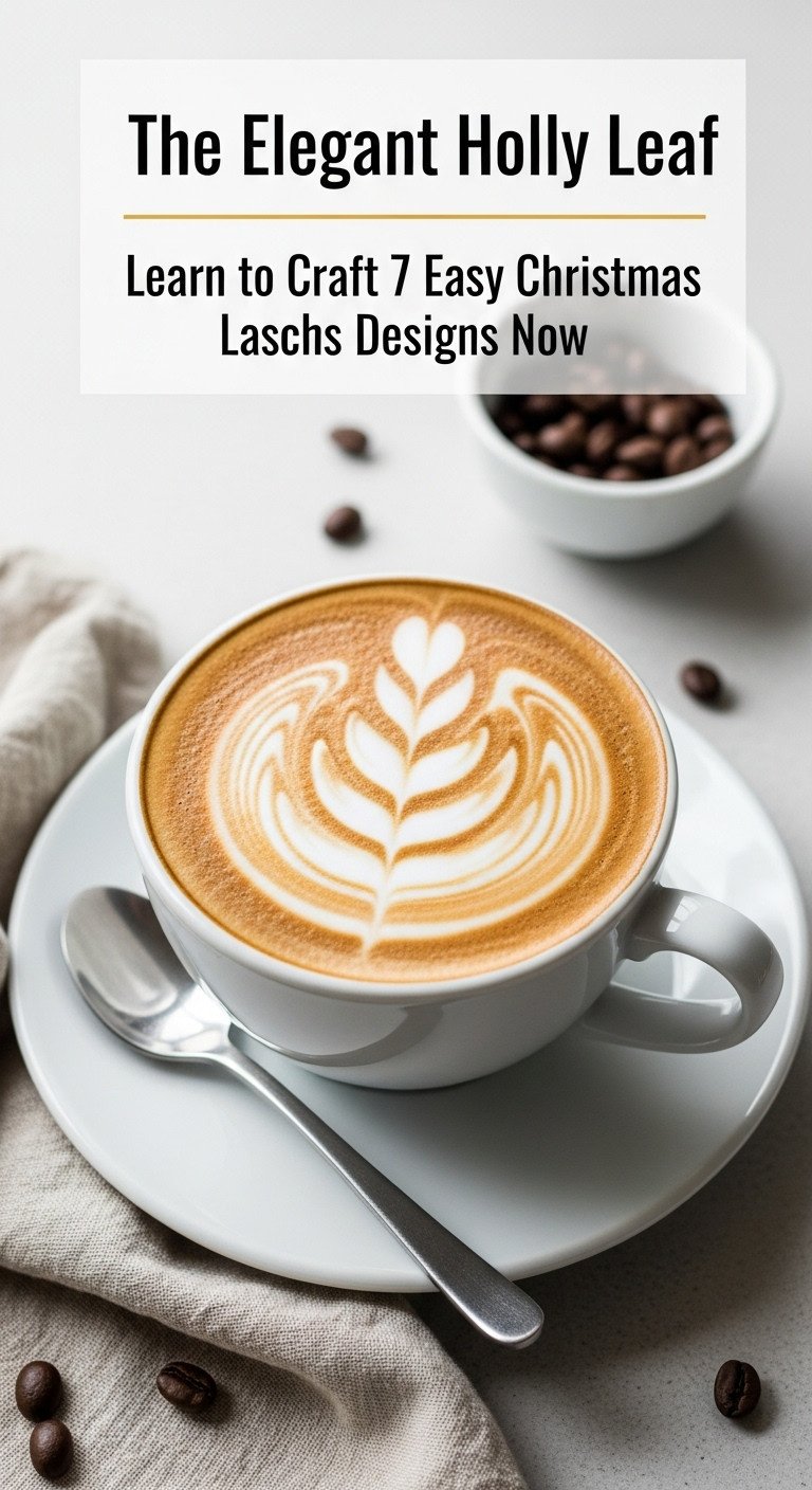 Elegant holly leaf latte art in a porcelain cup on a neutral backdrop with coffee beans. Sophisticated holiday coffee.