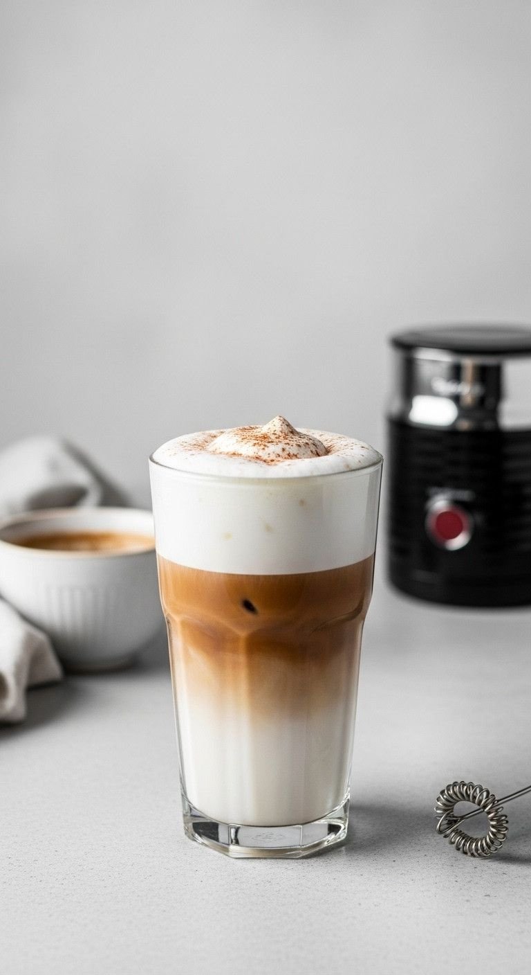 The Secret To Perfectly Creamy Nutella Iced Coffee 5 Elegant layered Nutella iced latte with distinct coffee and frothed milk layers, cold foam, frother on grey stone.