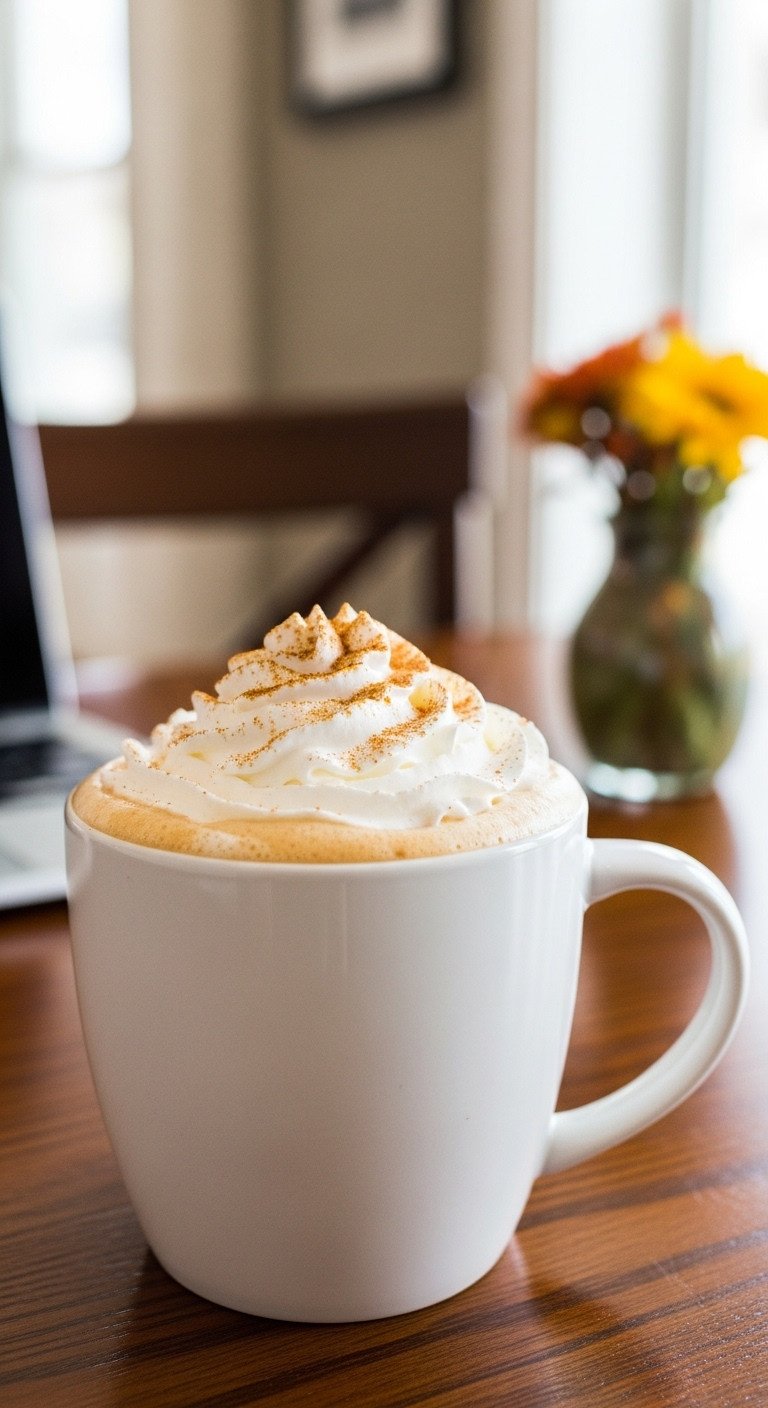 The Best Creamy Pumpkin Coffee Latte Recipe At Home 3 Elegant professional hyperrealistic creamy pumpkin spice coffee latte in clear glass mug on wooden table with cinnamon and a small pumpkin.