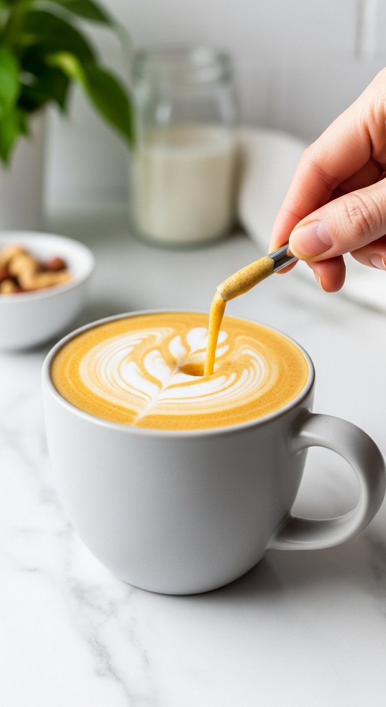 The Best Creamy Pumpkin Coffee Latte Recipe At Home 5 Elegant professional hyperrealistic creamy pumpkin spice coffee latte in clear glass mug on wooden table with cinnamon and a small pumpkin.