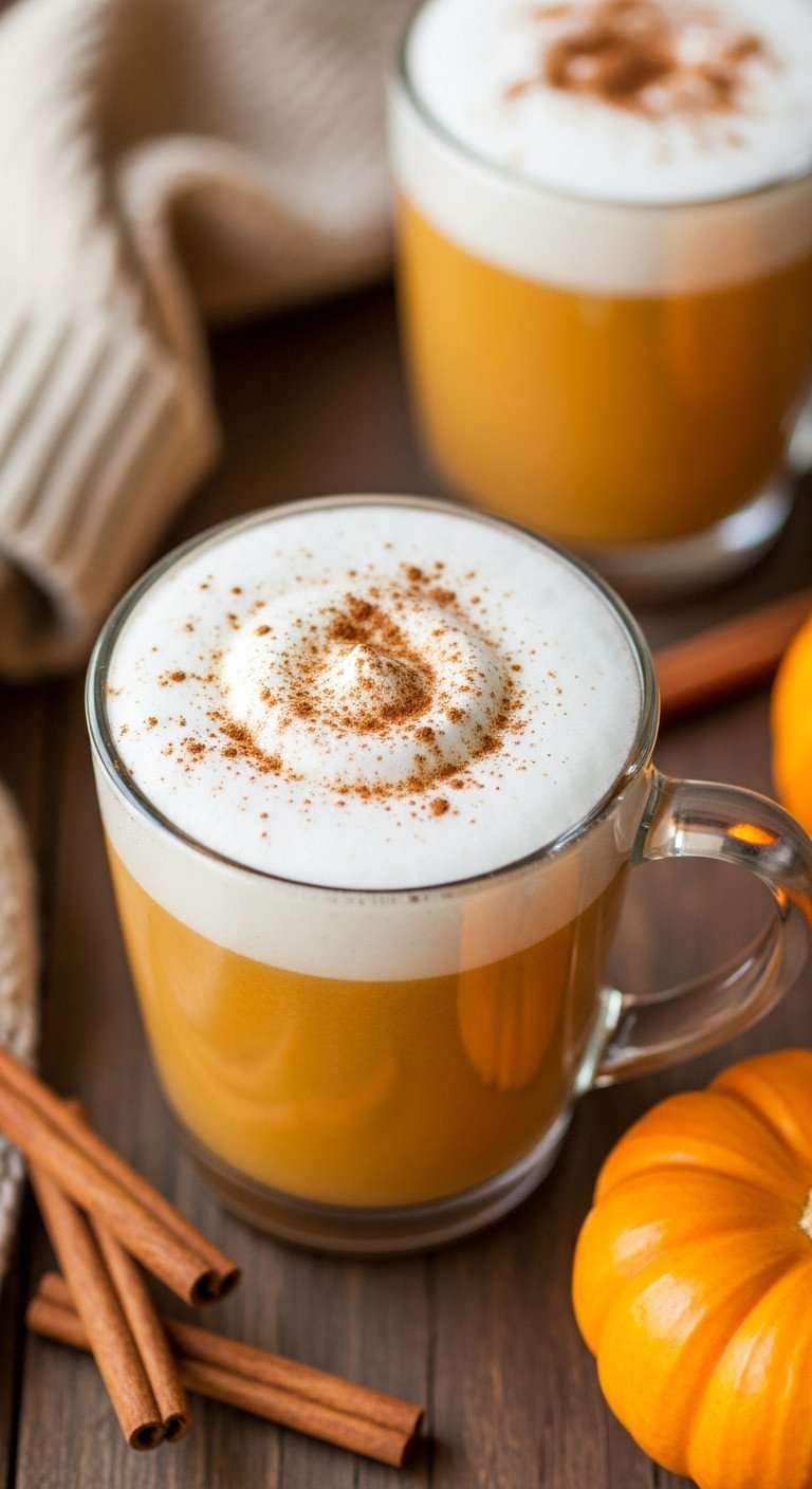 The Best Creamy Pumpkin Coffee Latte Recipe At Home 1 Elegant professional hyperrealistic creamy pumpkin spice coffee latte in clear glass mug on wooden table with cinnamon and a small pumpkin.
