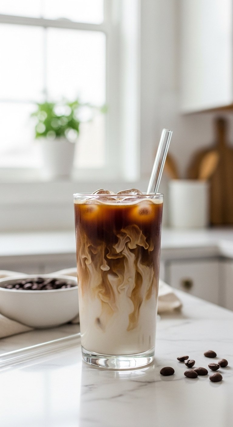 9 Delicious Healthy Iced Coffee Recipes To Make At Home 1 Elegant skinny iced coffee with almond milk swirl in glass, straw, coffee beans on white marble. Refreshing minimalist drink recipe.