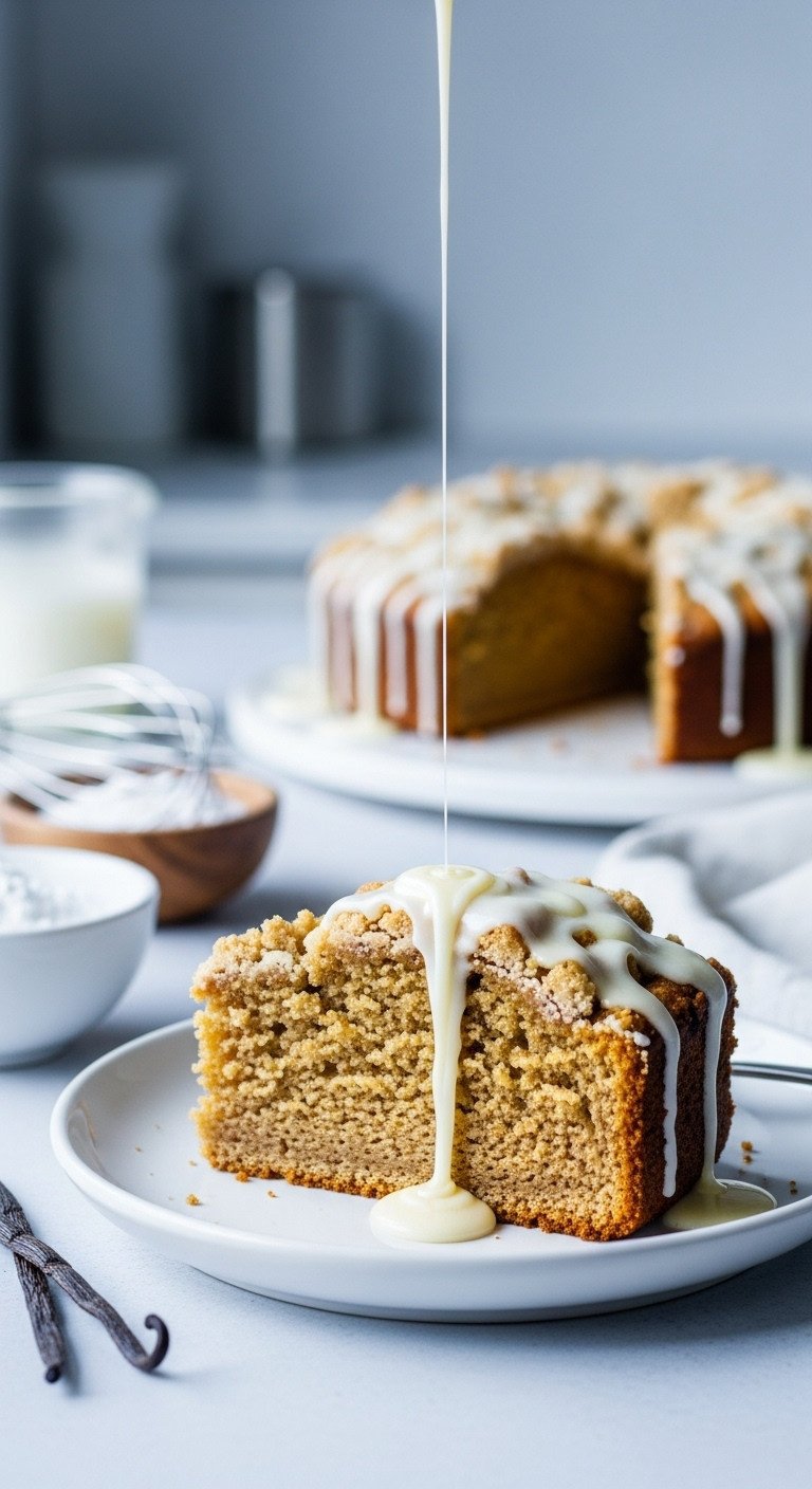 Easy Vegan Pumpkin Coffee Cake With Perfect Moist Streusel 7 Elegant slice of vegan pumpkin coffee cake with glistening vanilla glaze, golden streusel on white plate, kitchen background.