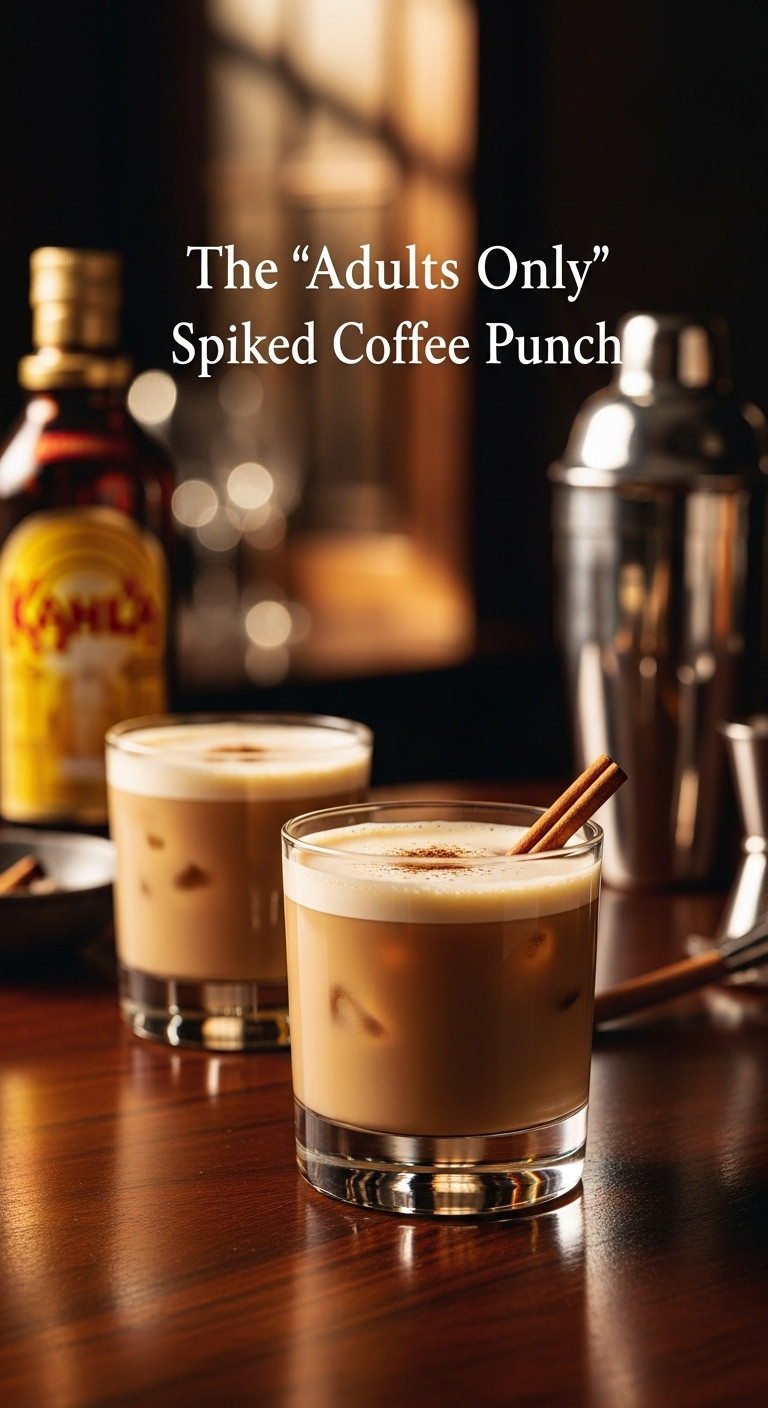 Elegant spiked coffee punch in two cocktail glasses with cinnamon Kahlua and a shaker on a dark wood bar top
