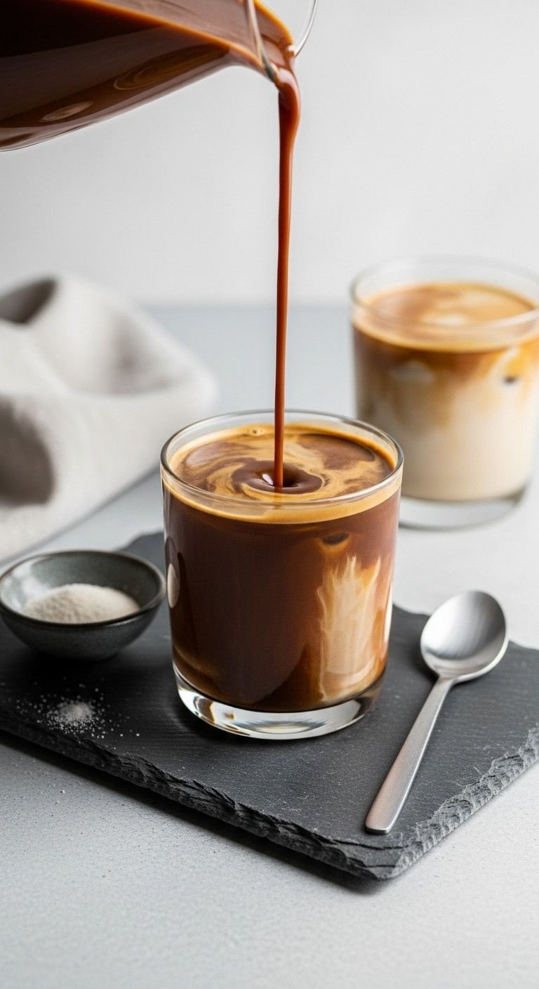 Thick Cold Coffee Secrets To End Watery Drinks Forever 5 Elegant thick cold coffee, food gum stabilized, in modern glass with smooth texture, xanthan gum powder, spoon on slate surface.