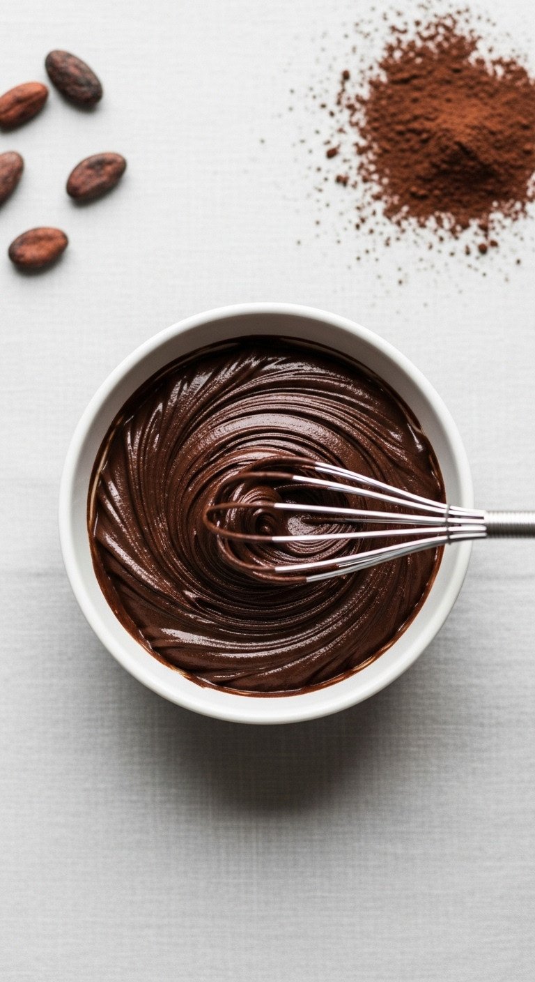 The Easiest Homemade Iced Mocha Recipe For Perfect Results 3 Elegant whisk swirls rich dark chocolate paste in white ceramic bowl on gray linen. Cocoa beans. Minimalist baking preparation.