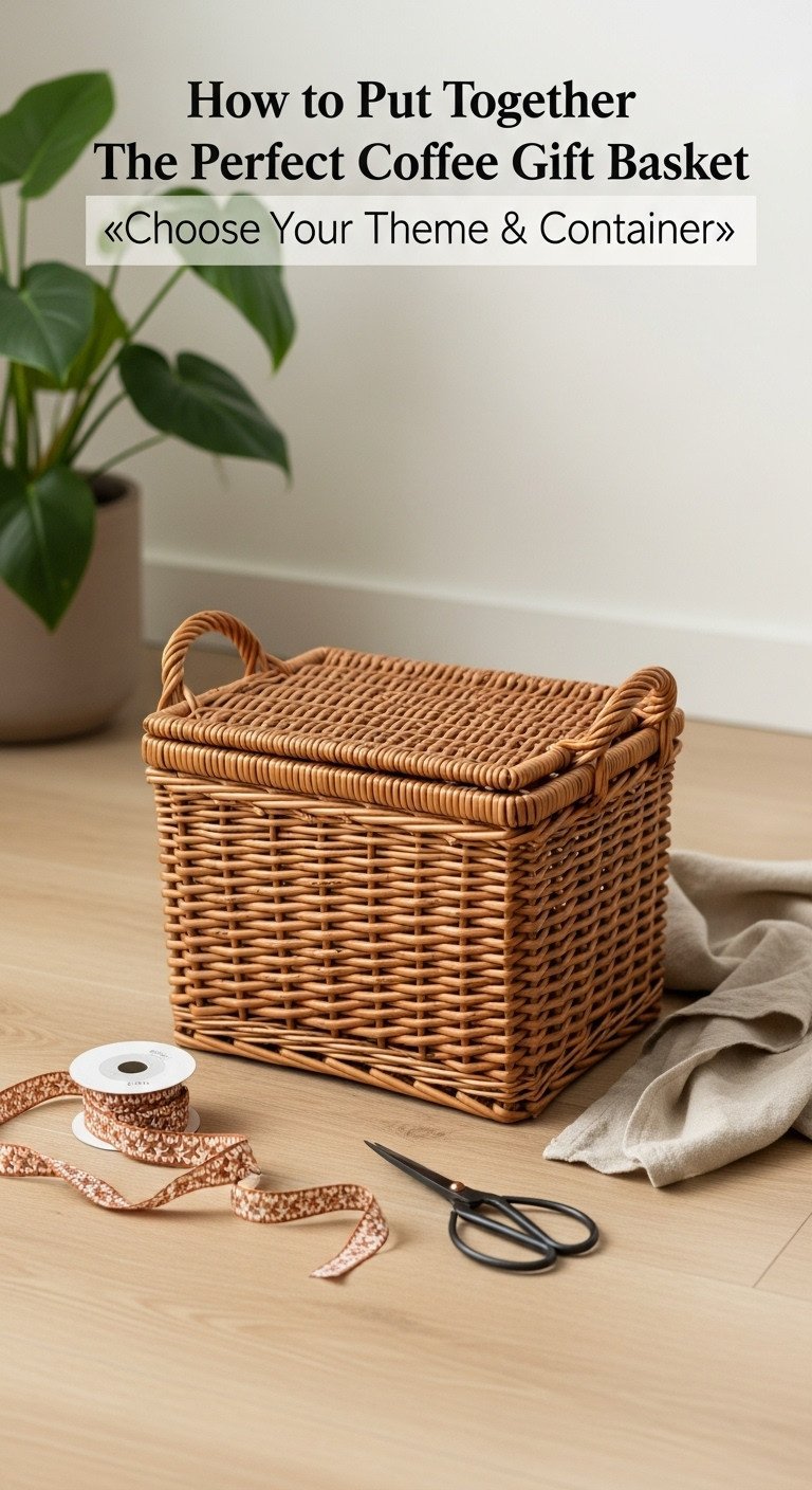 Empty beautifully crafted wicker gift basket on wooden floor with festive ribbon and scissors for creative filling