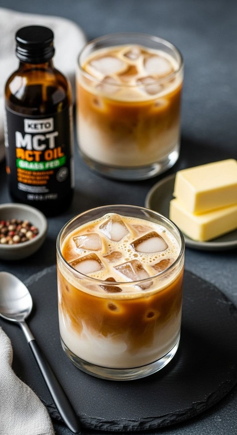 9 Delicious Diabetic Iced Coffee Recipes To Make At Home 11 Energizing Keto Bulletproof Iced Coffee in modern glass, creamy, frothy, ice, with MCT oil & grass-fed butter. High-fat.