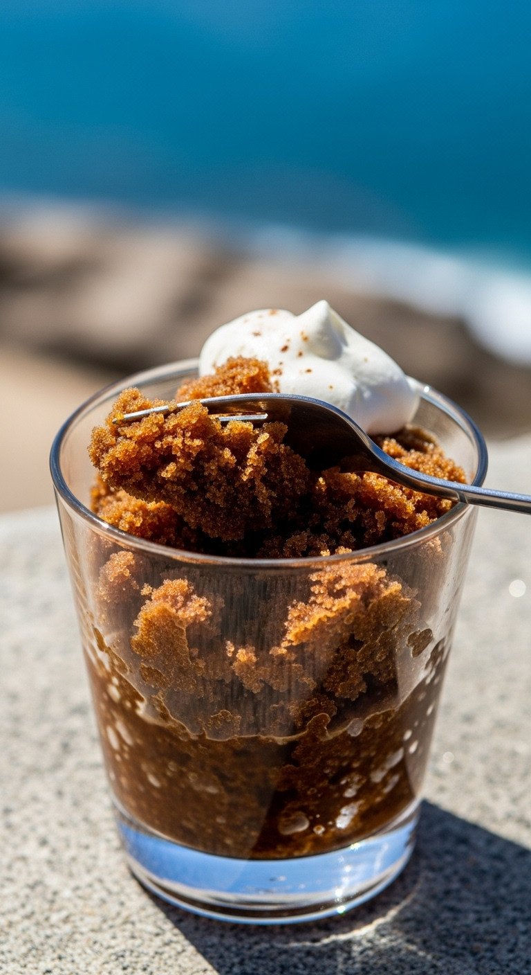 11 Effortless Cold Coffee Dessert Recipes To Make Today 15 Espresso granita in glass: icy, dark brown texture, fork, whipped cream, on stone, bright sunlight.