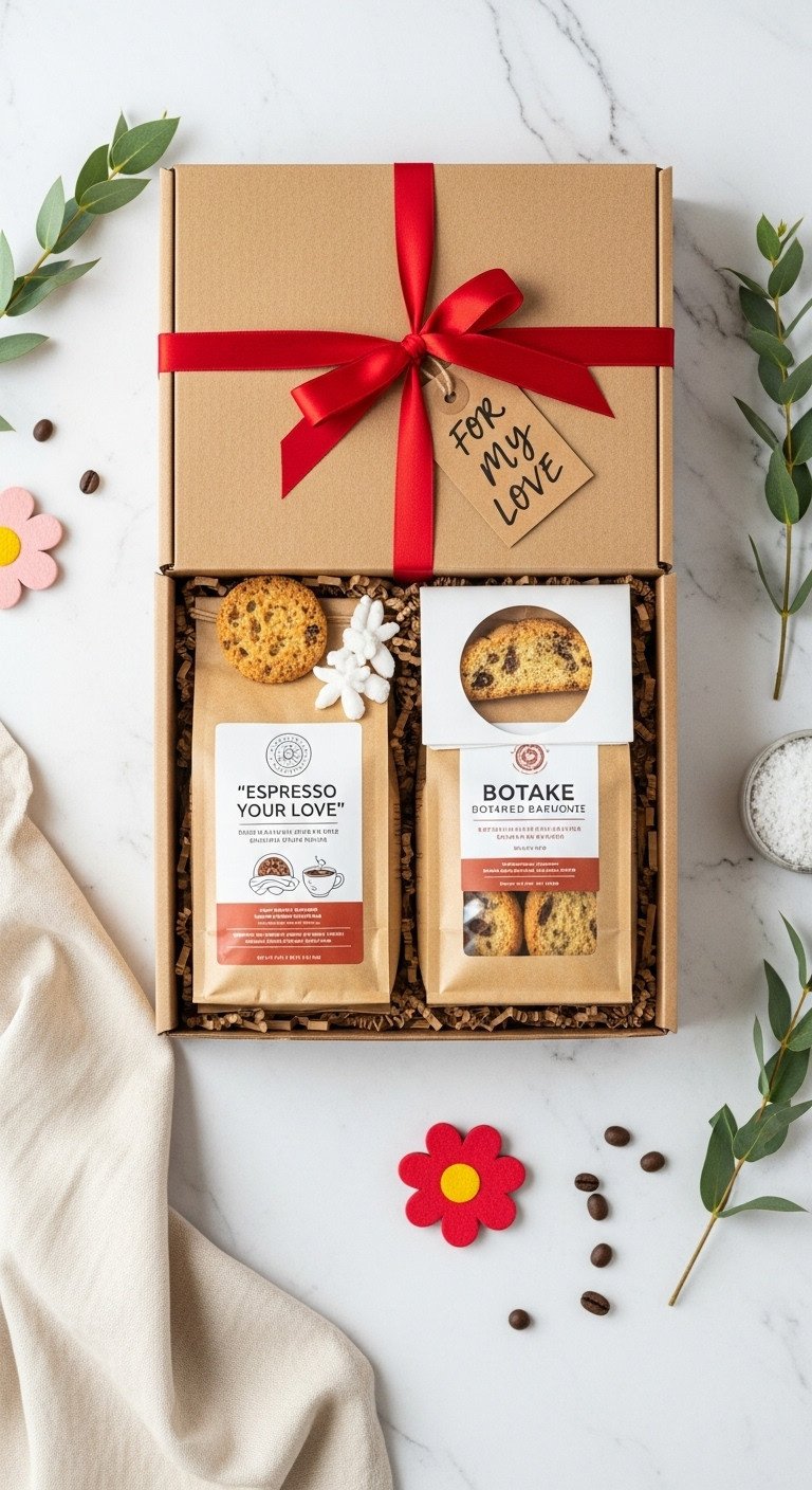 Espresso your love deluxe box Valentine's Day gift basket with gourmet coffee handmade biscotti and wooden flower magnet