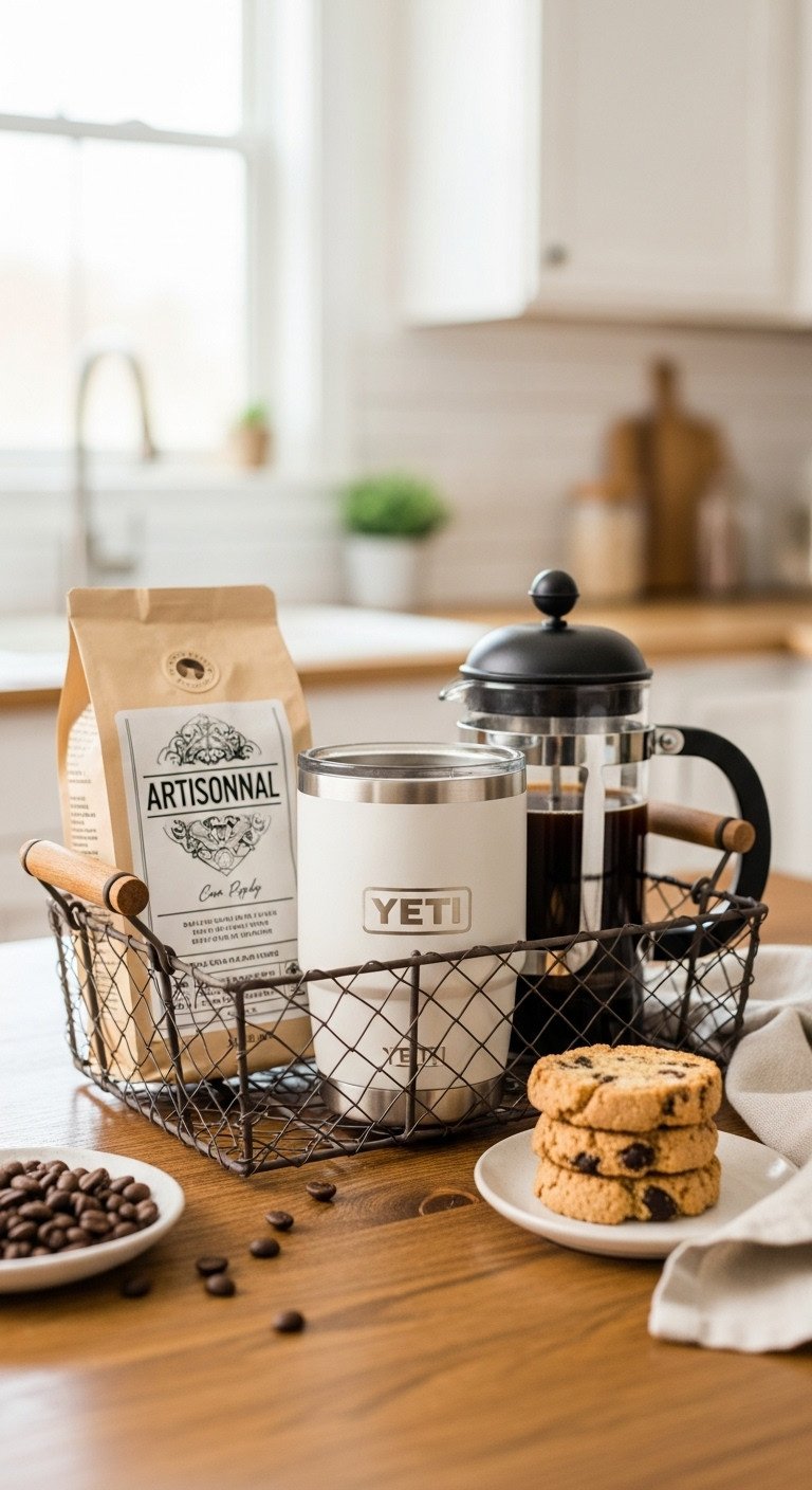 Essential coffee lovers Yeti gift basket with Rambler mug artisan beans French press and biscotti on a rustic table